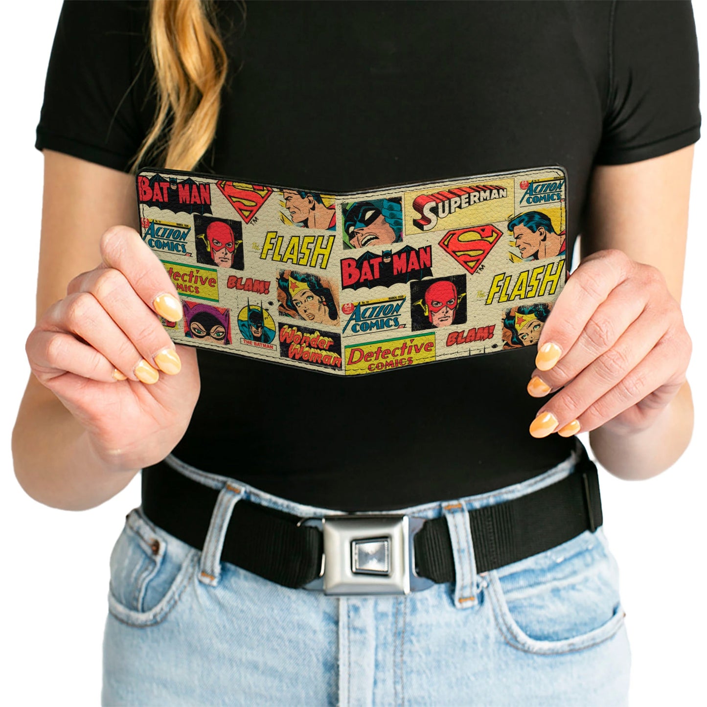 Bi-Fold Wallet - DC Comics Retro Superhero Faces and Logos Collage Ivory