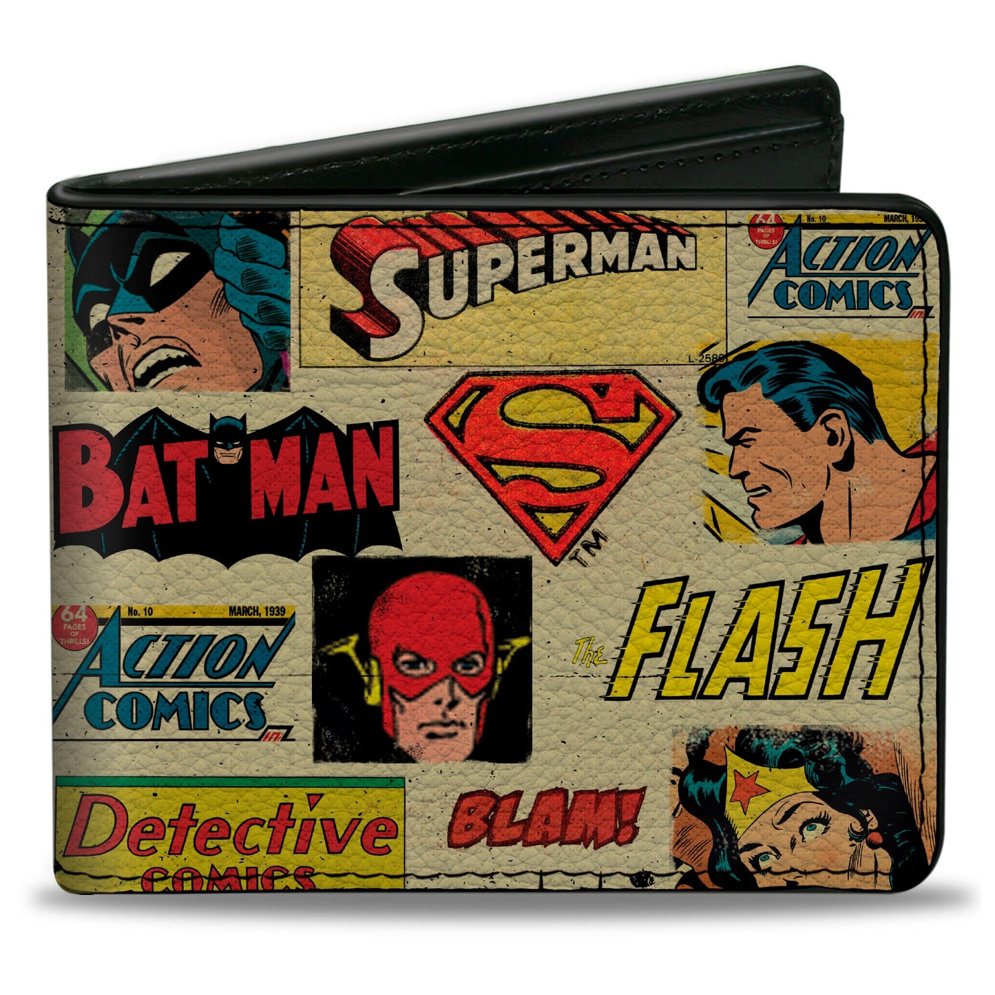 Bi-Fold Wallet - DC Comics Retro Superhero Faces and Logos Collage Ivory