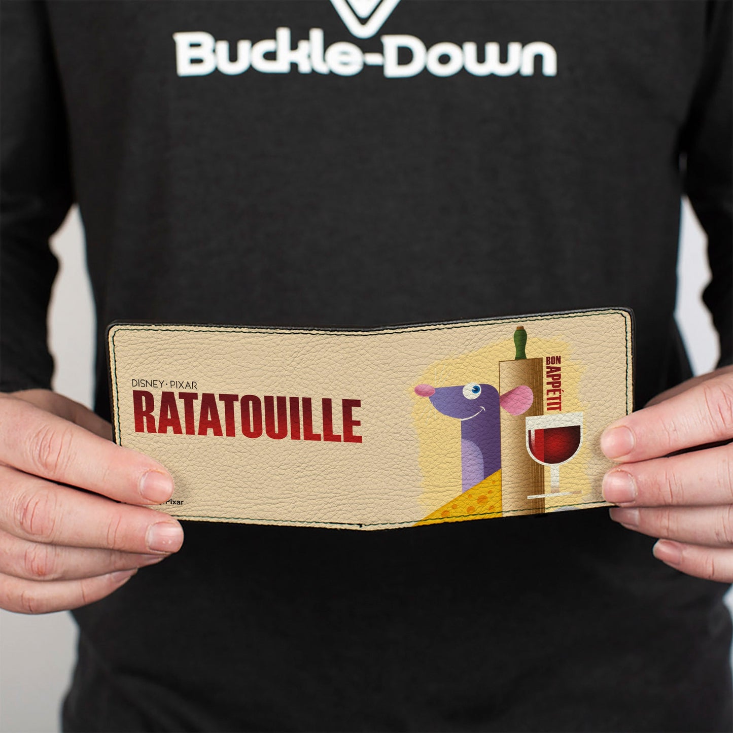 Bi-Fold Wallet - Ratatouille Remy BON APPETIT Hiding Pose + Text Logo Beige Reds
