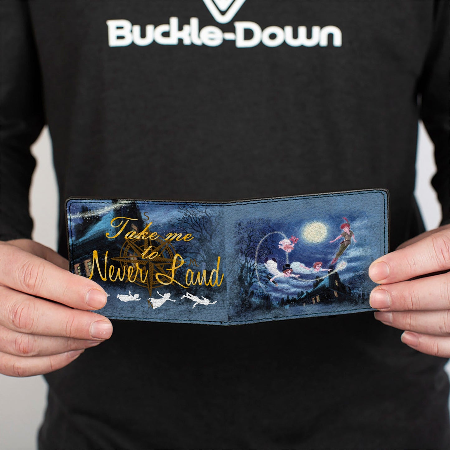 Bi-Fold Wallet - Peter Pan Flying Scene + TAKE ME TO NEVERLAND Blues Golds White