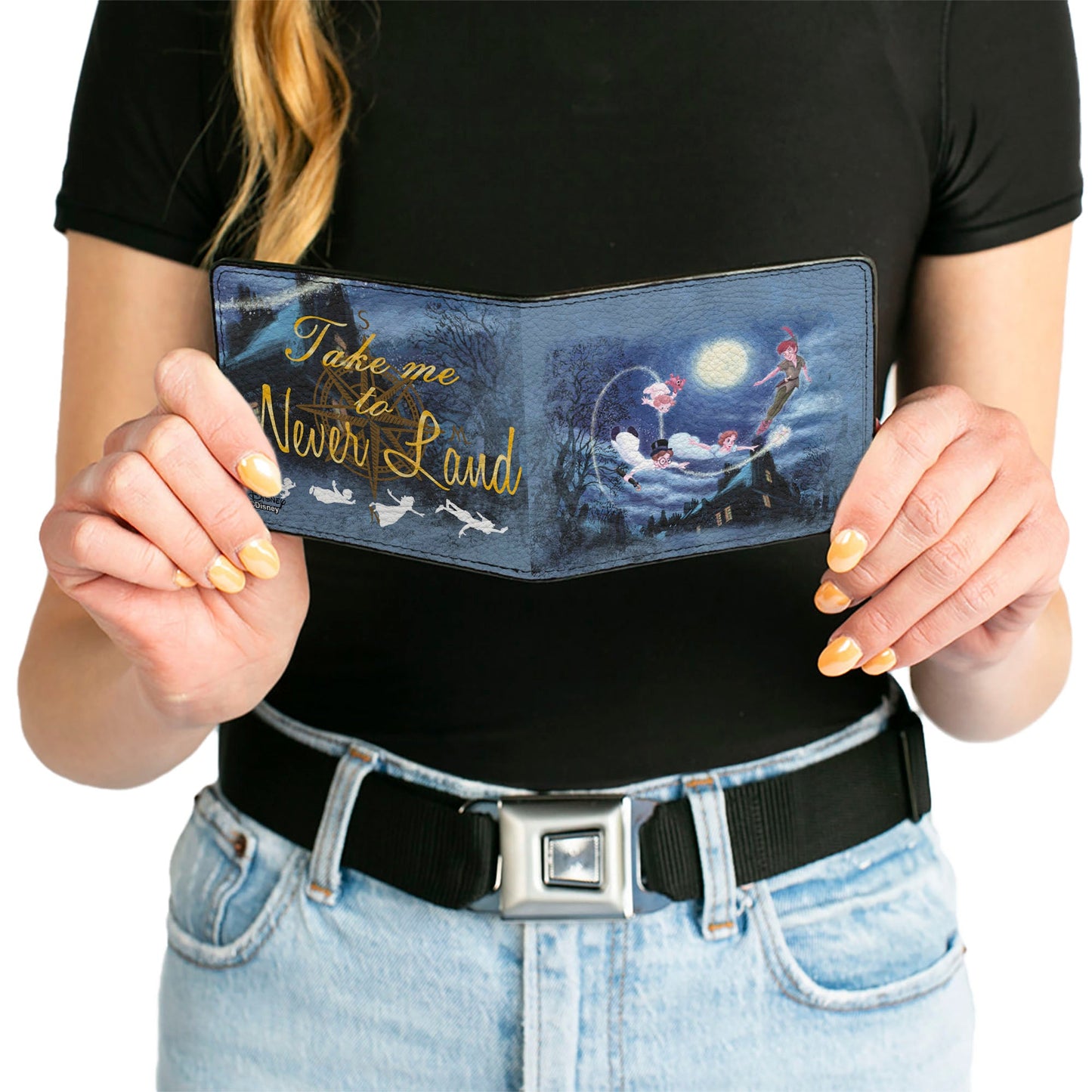 Bi-Fold Wallet - Peter Pan Flying Scene + TAKE ME TO NEVERLAND Blues Golds White