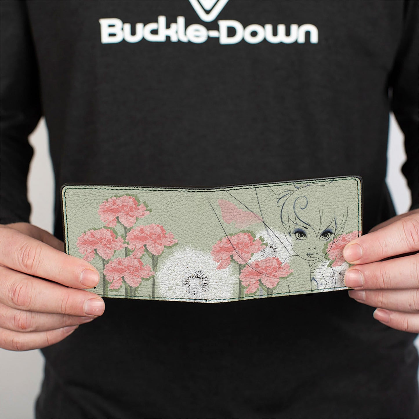 Bi-Fold Wallet - Tinker Bell Sketch Carnations Dandelions Sage Greens Pinks White