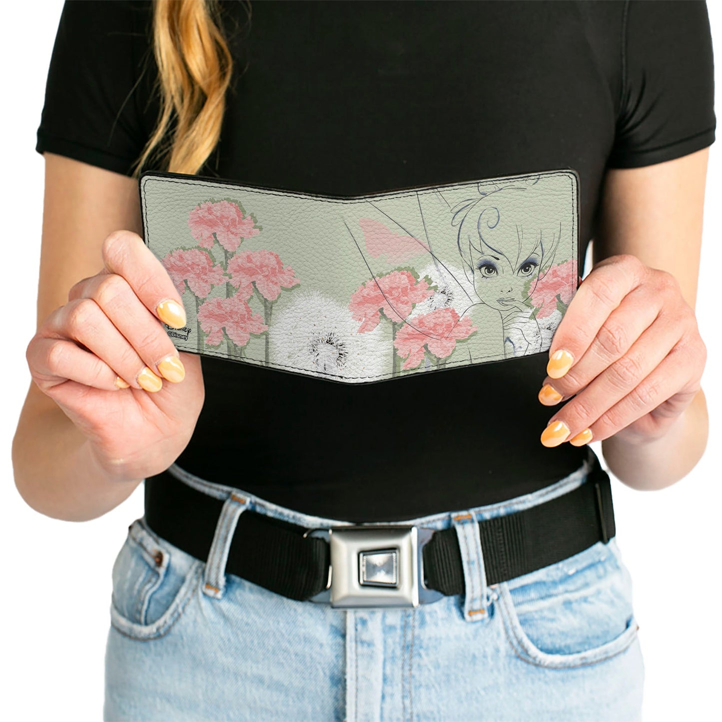 Bi-Fold Wallet - Tinker Bell Sketch Carnations Dandelions Sage Greens Pinks White