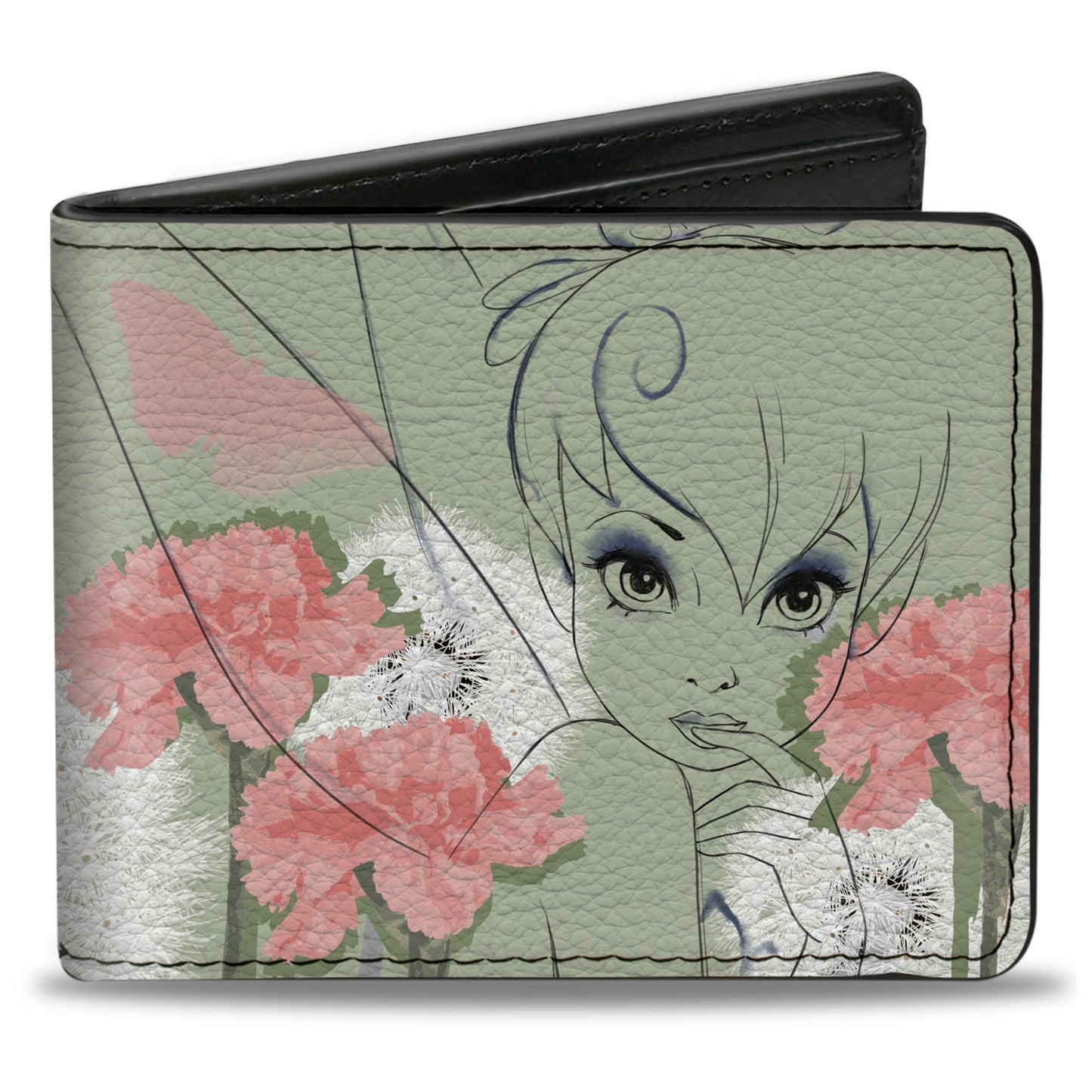 Bi-Fold Wallet - Tinker Bell Sketch Carnations Dandelions Sage Greens Pinks White
