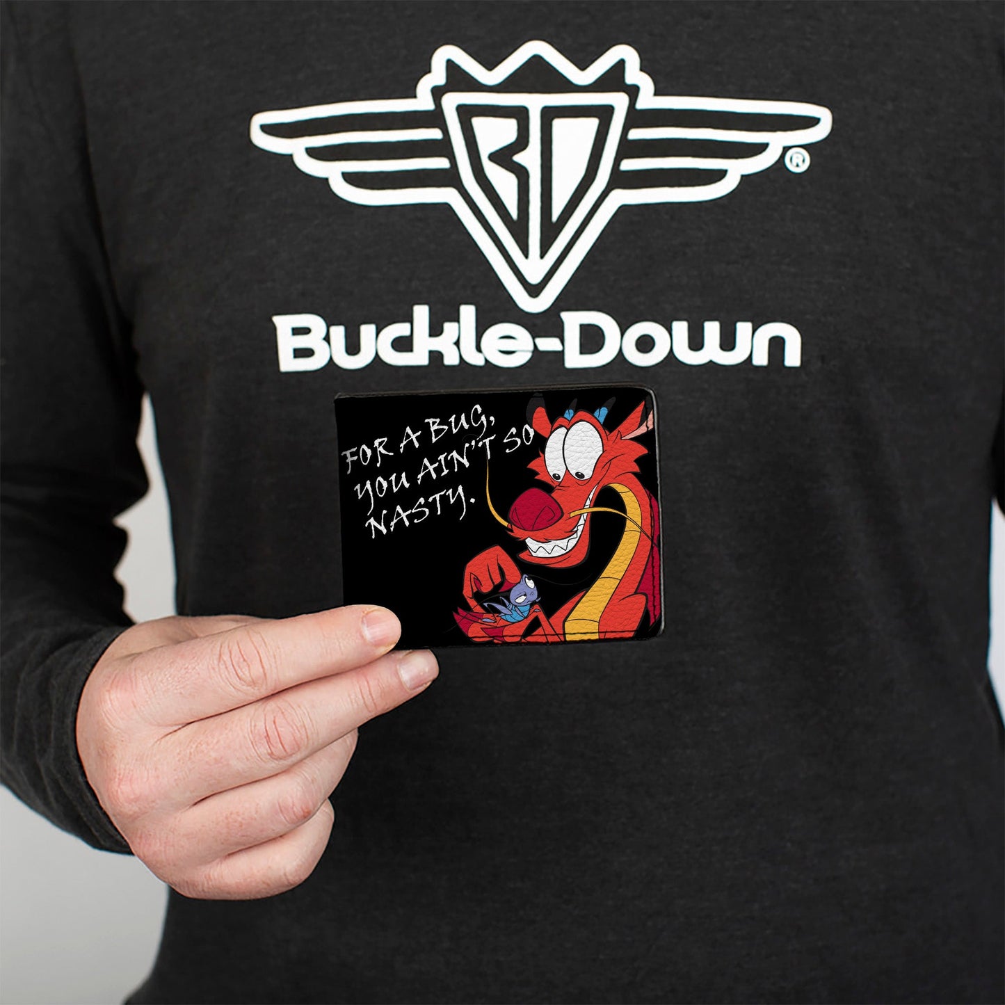 Bi-Fold Wallet - Mulan Mushu Petting Bug Pose FOR A BUG YOU AIN'T SO NASTY. Black White