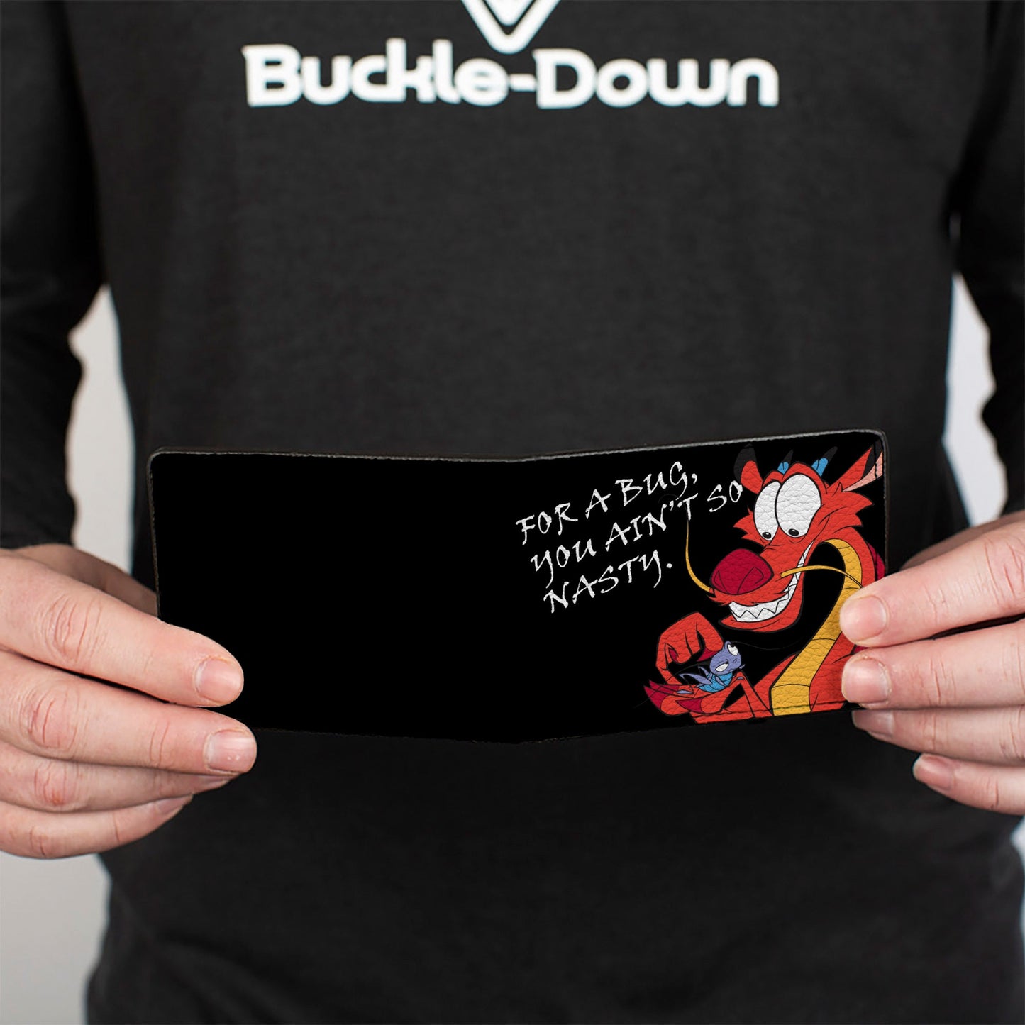 Bi-Fold Wallet - Mulan Mushu Petting Bug Pose FOR A BUG YOU AIN'T SO NASTY. Black White