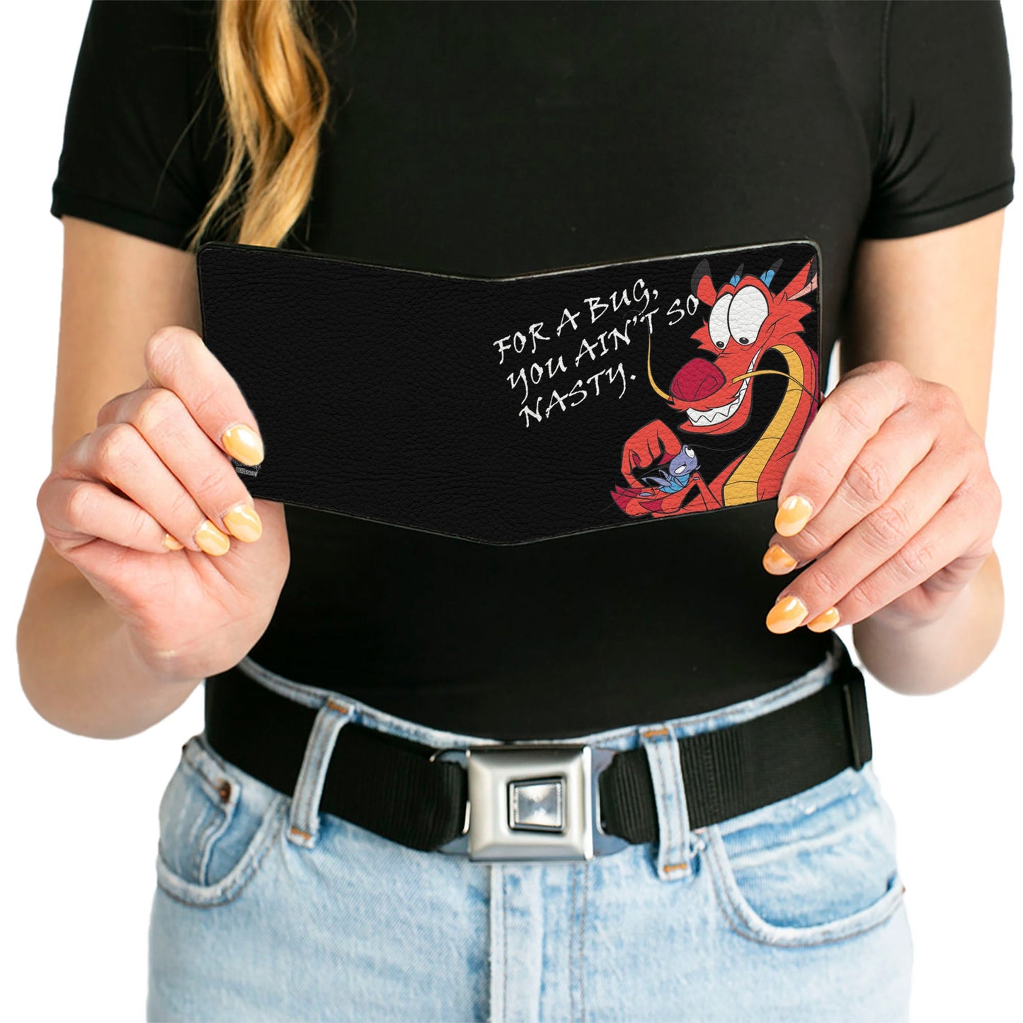 Bi-Fold Wallet - Mulan Mushu Petting Bug Pose FOR A BUG YOU AIN'T SO NASTY. Black White