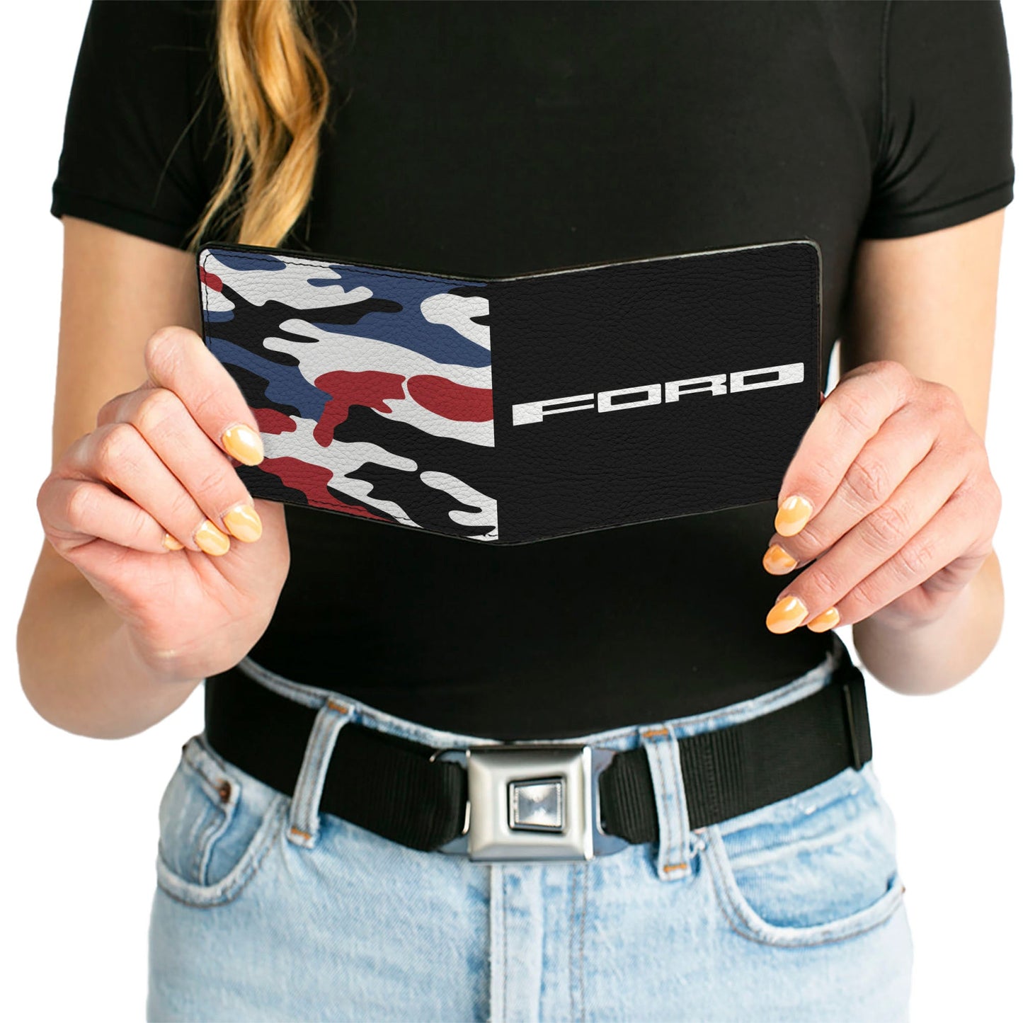 Bi-Fold Wallet - FORD Text + Americana Camo Black White Red Blue