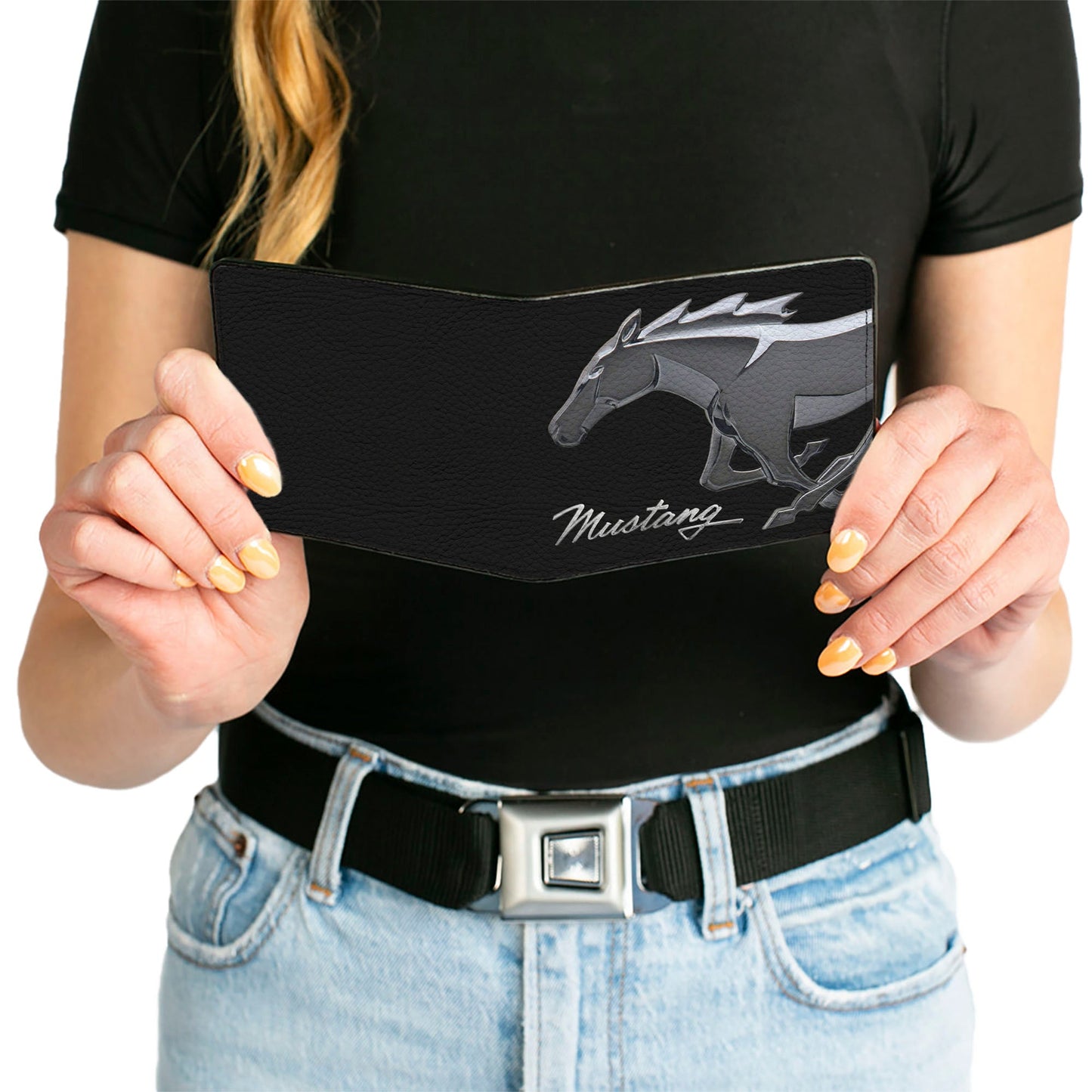 Bi-Fold Wallet - Mustang Chrome Pony MUSTANG Script Black Silver