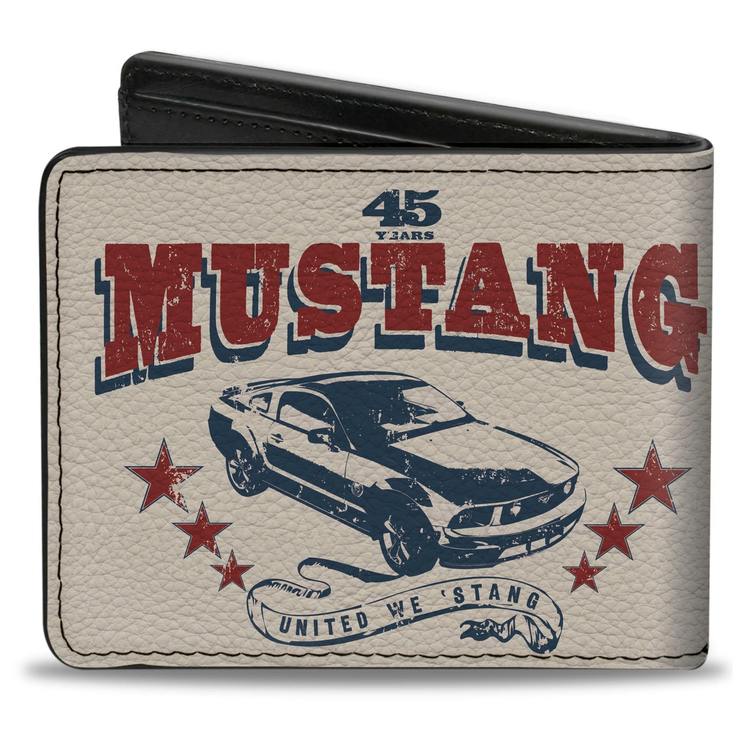 Bi-Fold Wallet - Vintage MUSTANG 45 YEARS UNITED WE 'STANG Scroll Ivory Navy Red