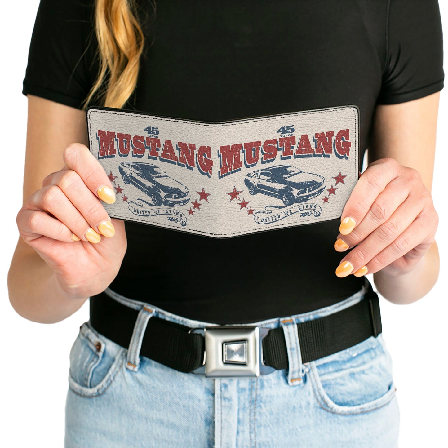 Bi-Fold Wallet - Vintage MUSTANG 45 YEARS UNITED WE 'STANG Scroll Ivory Navy Red