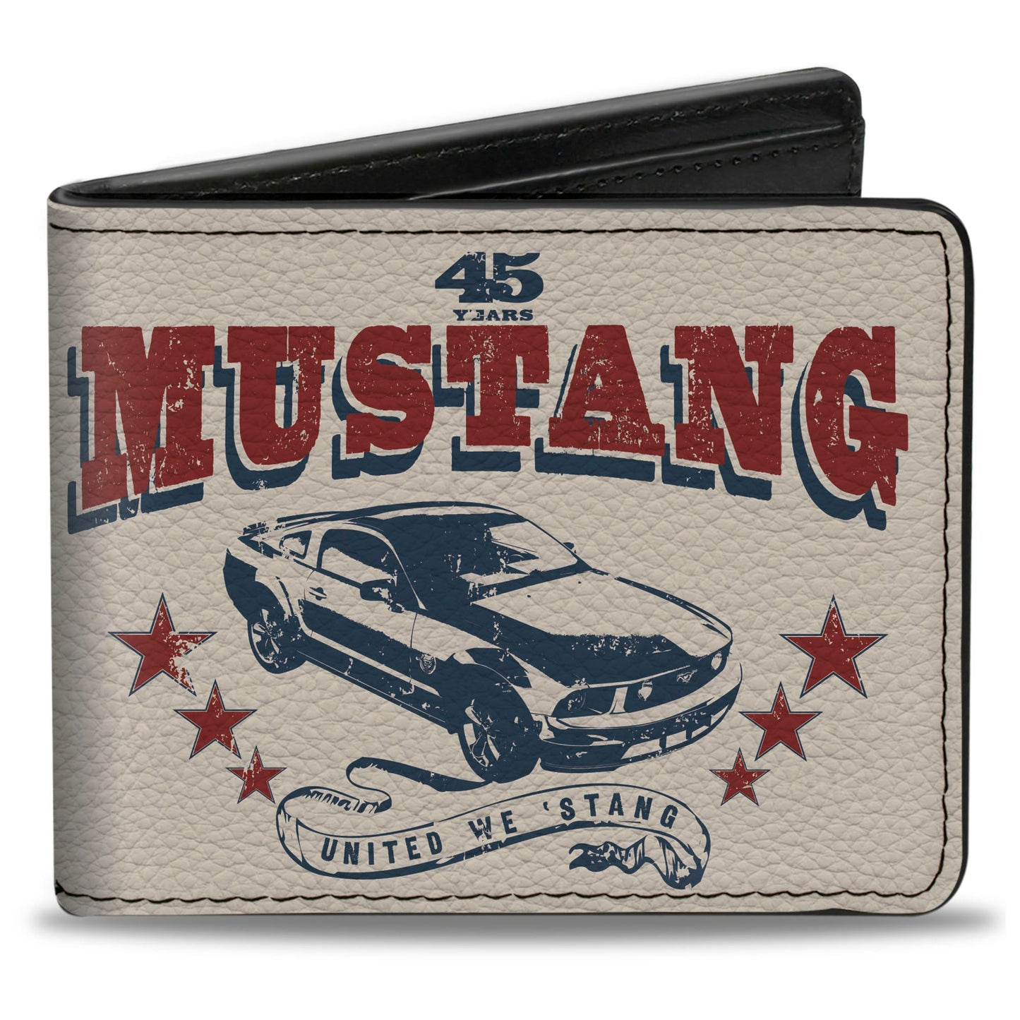 Bi-Fold Wallet - Vintage MUSTANG 45 YEARS UNITED WE 'STANG Scroll Ivory Navy Red