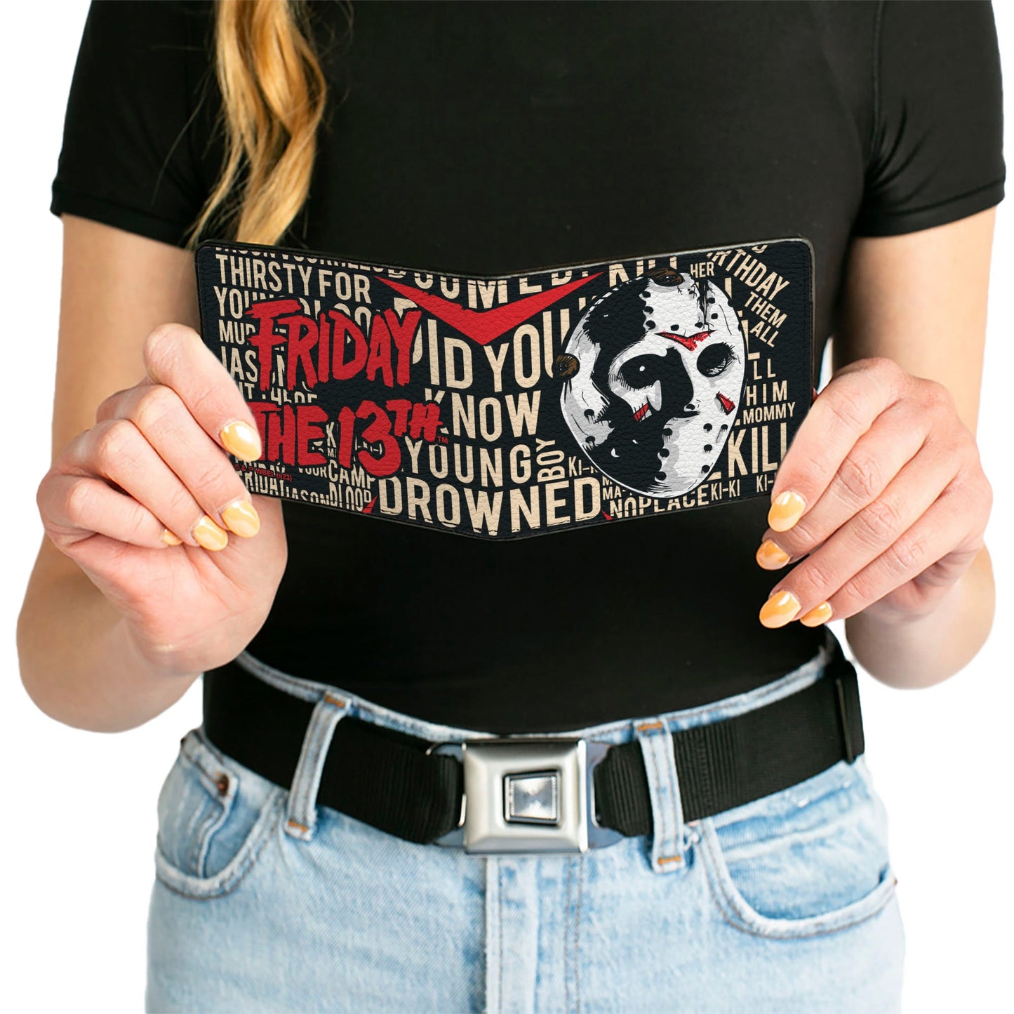 Bi-Fold Wallet - FRIDAY THE 13th Jason Mask4 and Title Logo with Quotes Typography Black