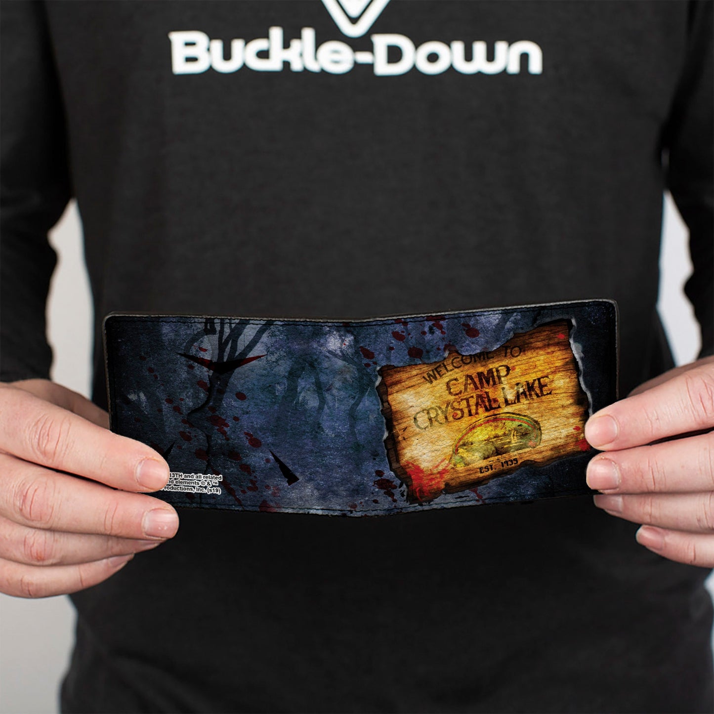Bi-Fold Wallet - Friday the 13th WELCOME TO CAMP CRYSTAL LAKE Sign Trees Grays Blood Splatter