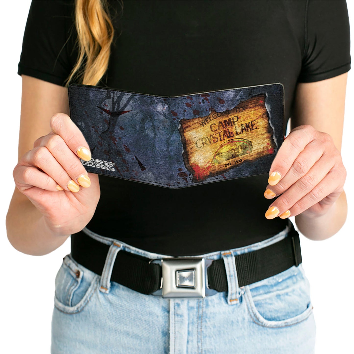 Bi-Fold Wallet - Friday the 13th WELCOME TO CAMP CRYSTAL LAKE Sign Trees Grays Blood Splatter