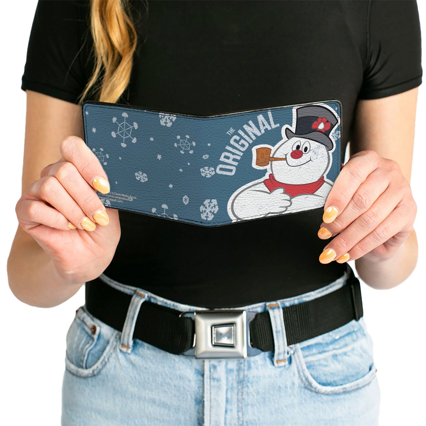 Bi-Fold Wallet - THE ORIGINAL Frosty the Snowman Pose Snowflakes Blue White