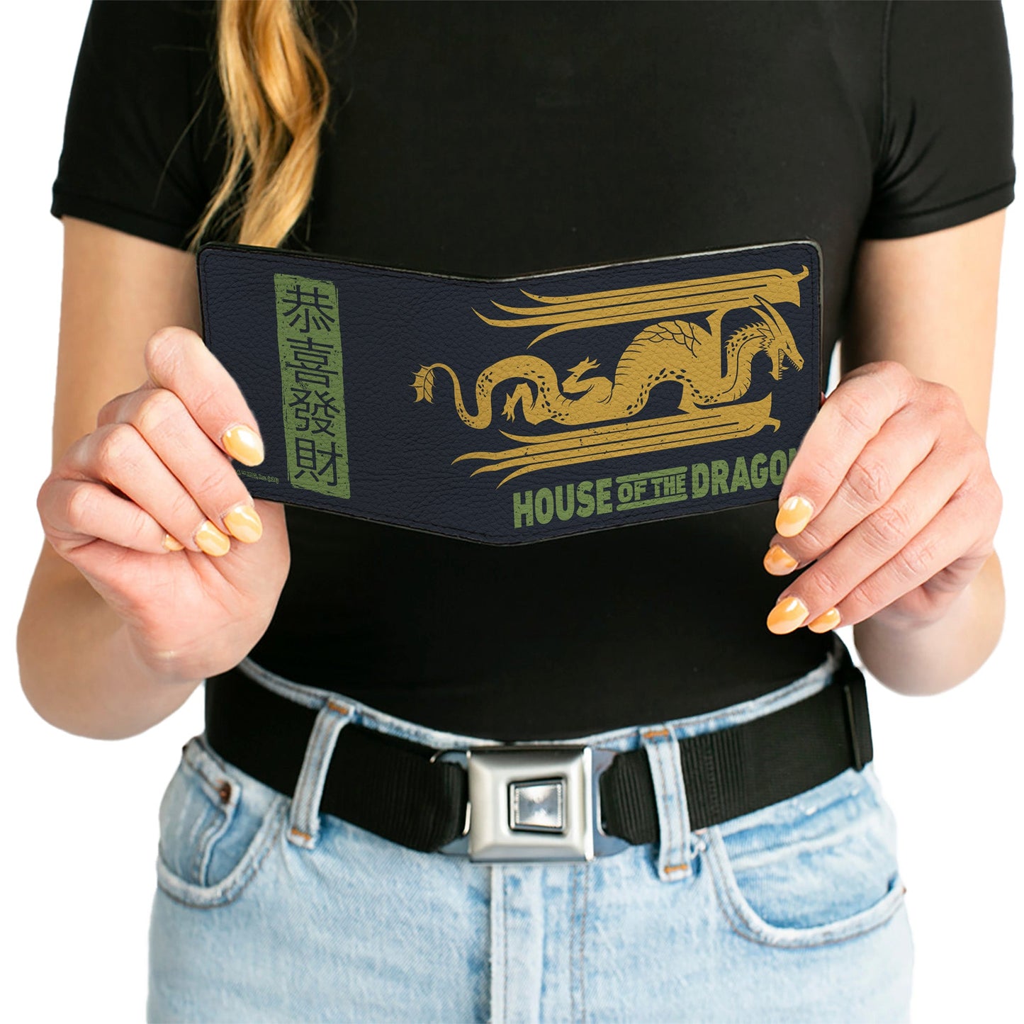 Bi-Fold Wallet - HOUSE OF THE DRAGON Year of the Dragon Icon and Text Black/Gold/Green