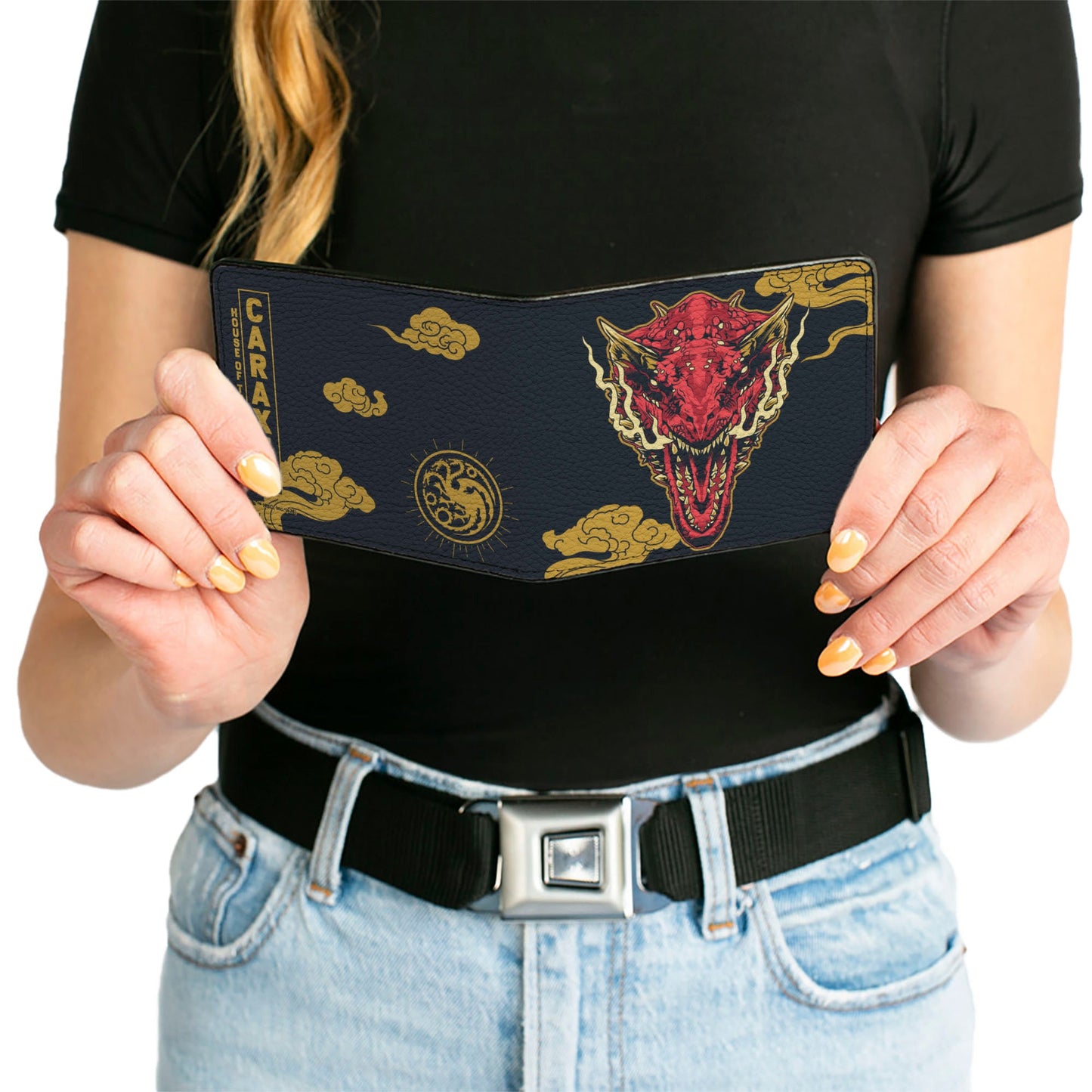 Bi-Fold Wallet - HOUSE OF THE DRAGON CARAXES Breathing Fire Pose and Clouds Black/Yellow/Red