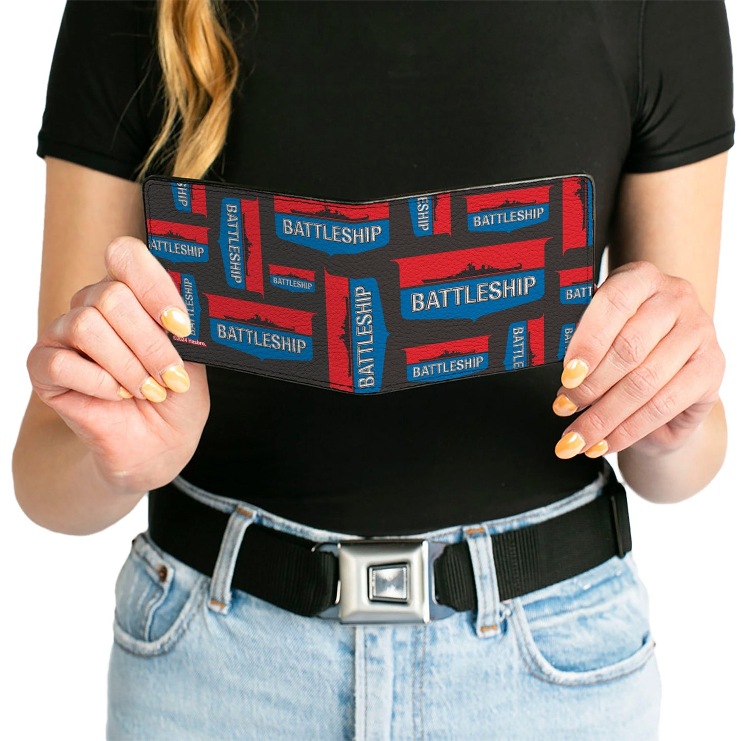 Bi-Fold Wallet - BATTLESHIP Ship Silhouette and Text Badge Collage Black/Red/Blue/White
