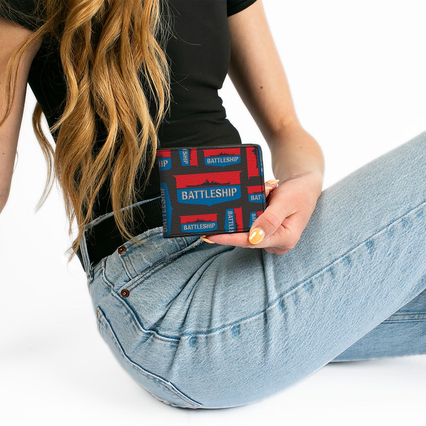 Bi-Fold Wallet - BATTLESHIP Ship Silhouette and Text Badge Collage Black/Red/Blue/White