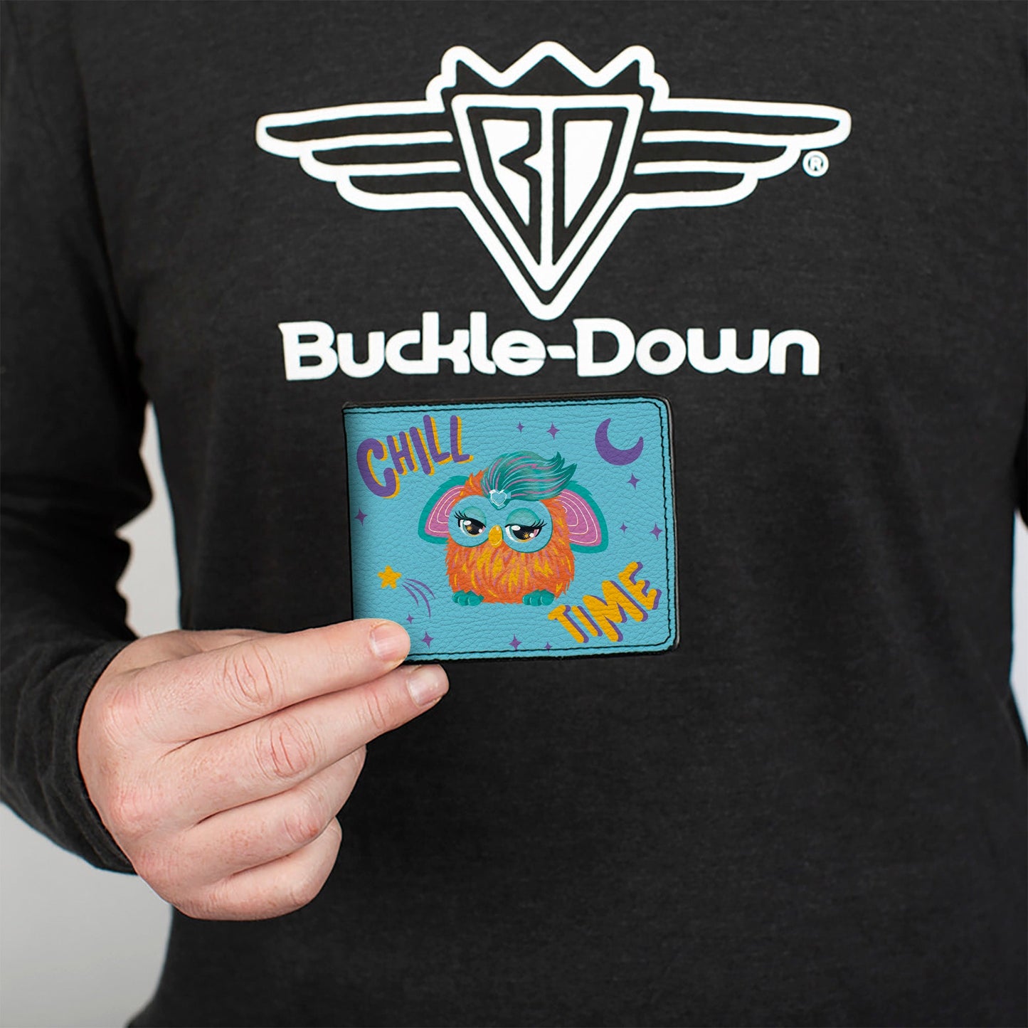Bi-Fold Wallet - Furby Purple and Orange Furby CHILL TIME Pose Blue/Purple