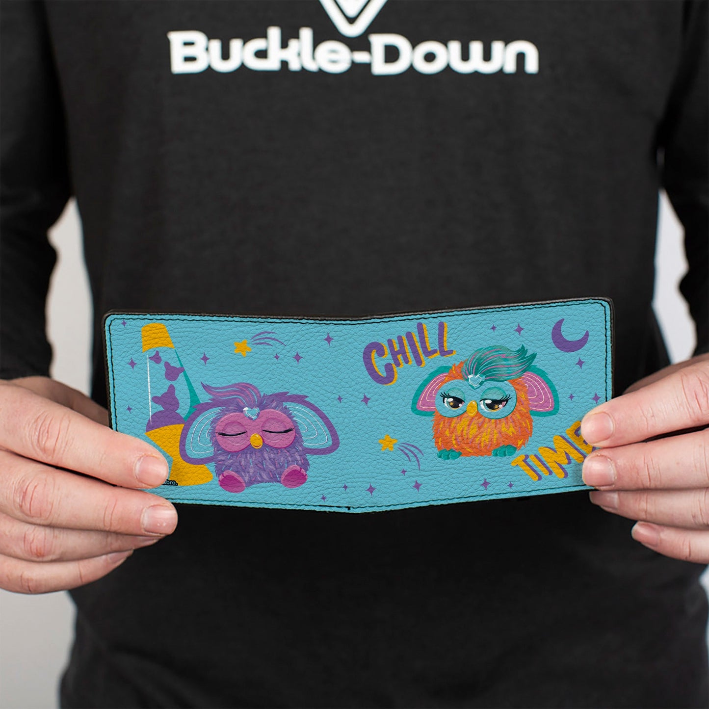 Bi-Fold Wallet - Furby Purple and Orange Furby CHILL TIME Pose Blue/Purple