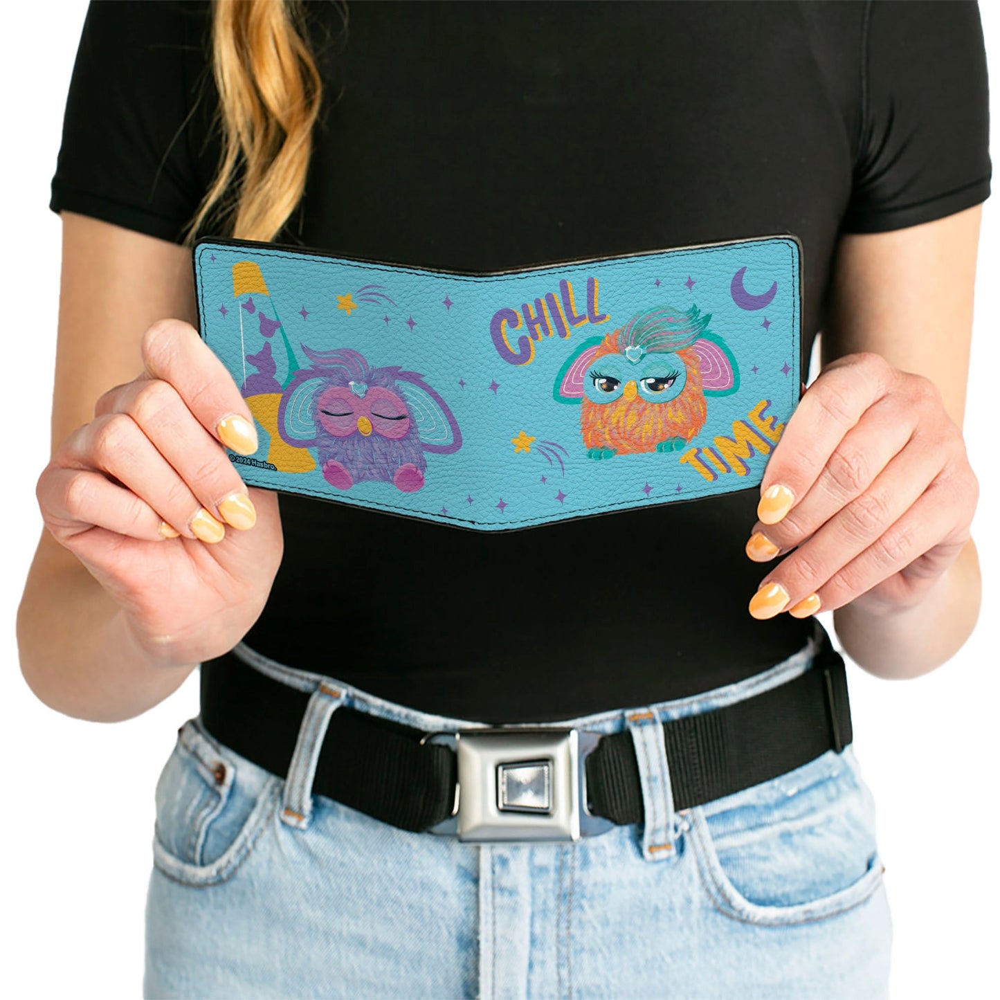 Bi-Fold Wallet - Furby Purple and Orange Furby CHILL TIME Pose Blue/Purple