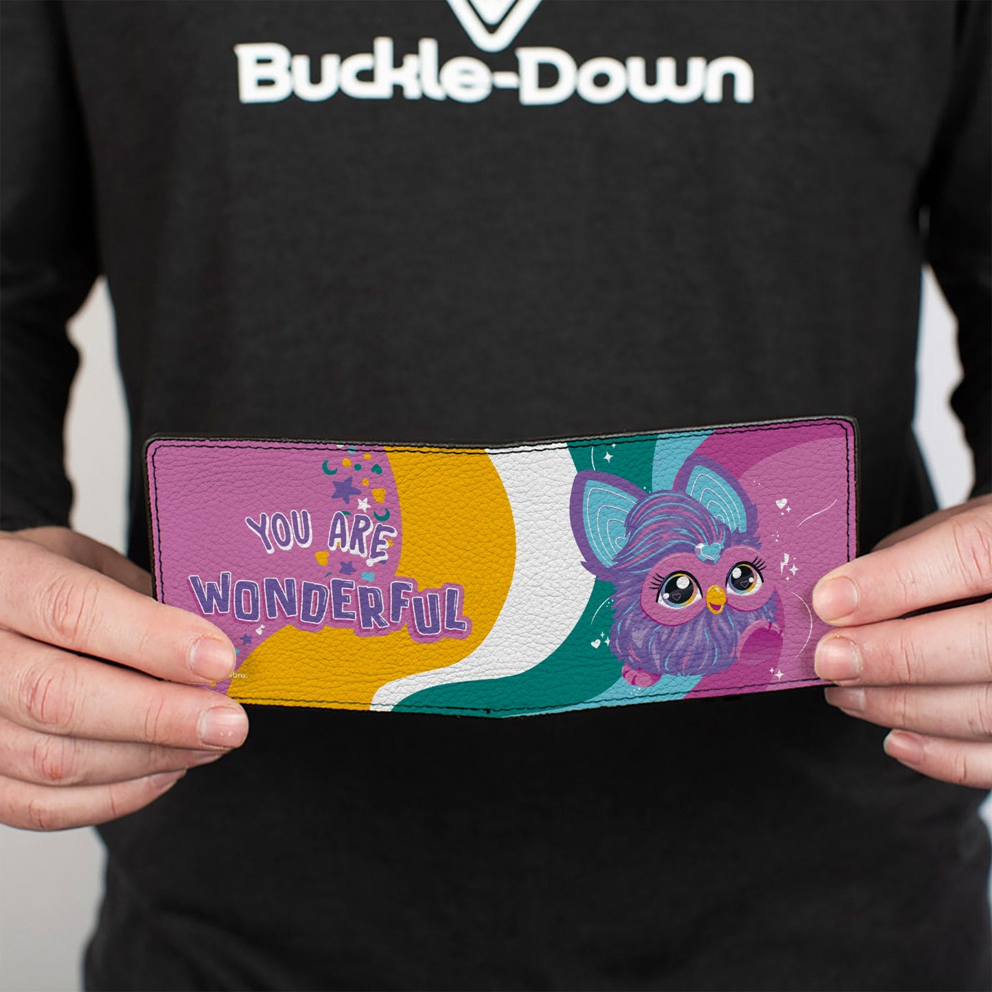 Bi-Fold Wallet - Furby Purple Furby YOU ARE WONDERFUL Running Pose Multi Color