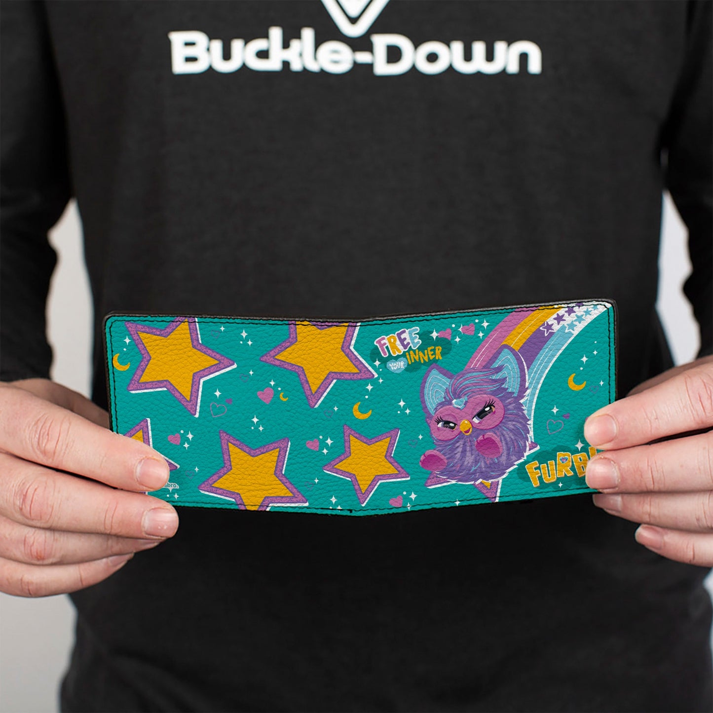 Bi-Fold Wallet - Furby Purple Furby FREE YOUR INNER FURB Rainbow Pose Teal/Multi Color