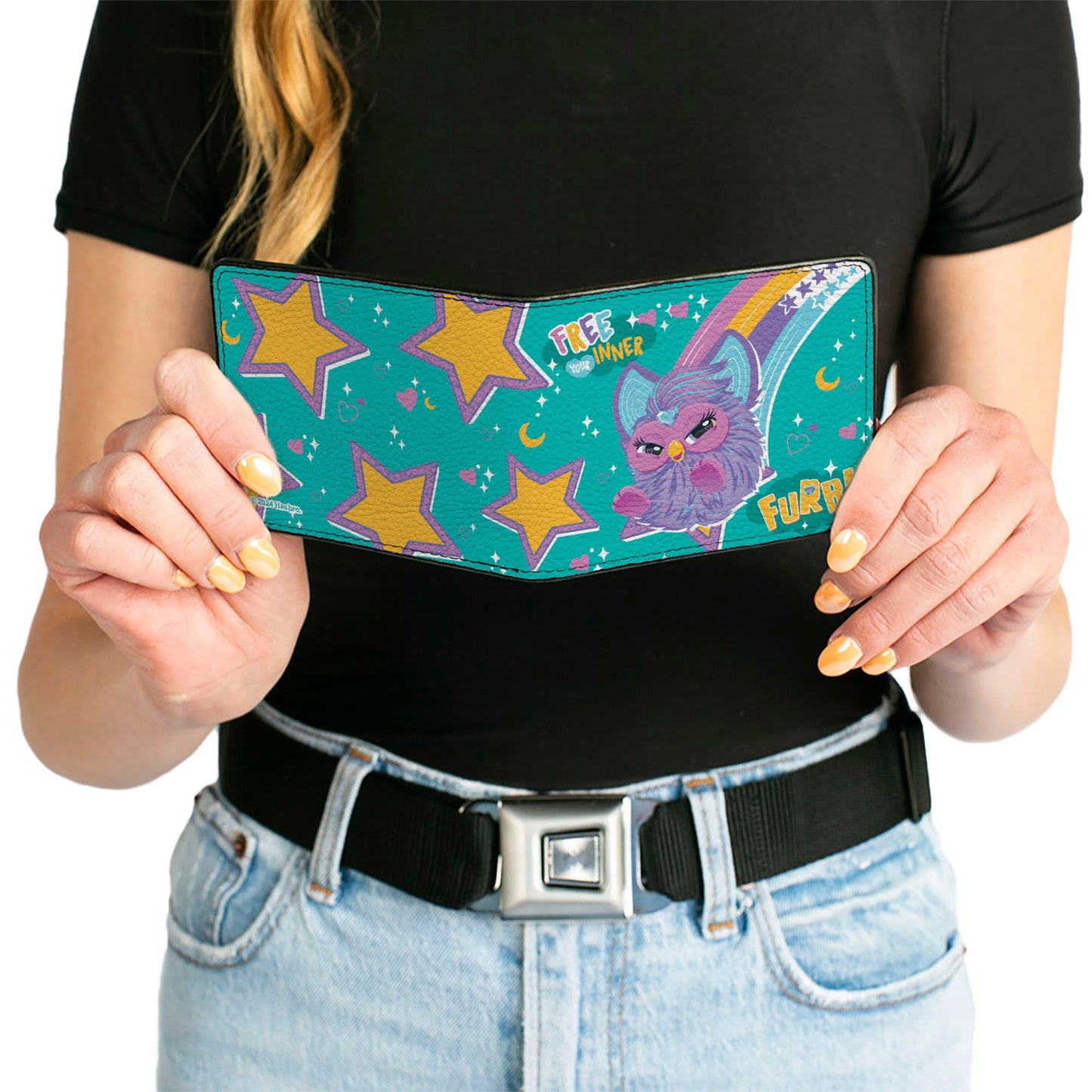 Bi-Fold Wallet - Furby Purple Furby FREE YOUR INNER FURB Rainbow Pose Teal/Multi Color