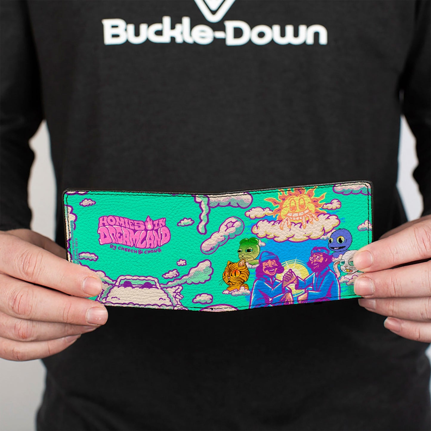 Bi-Fold Wallet - HOMIES IN DREAMLAND Cheech and Chong Pose with Homies Characters Smoke Clouds Blue