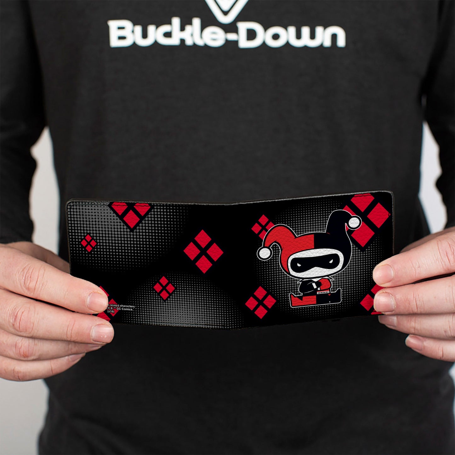 Bi-Fold Wallet - Chibi Harley Quinn Splits Dots Diamonds Black Gray Red