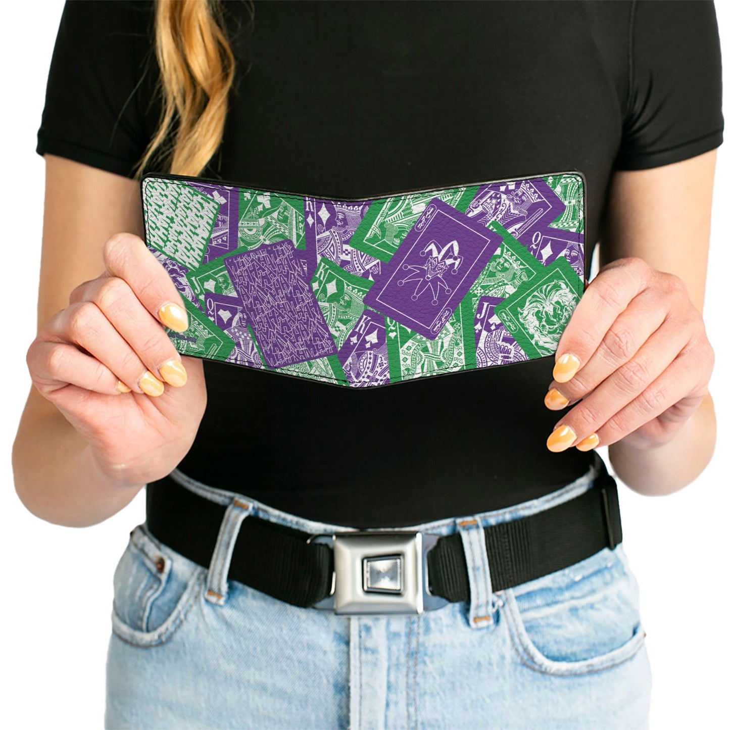 Bi-Fold Wallet - The Joker Deck of Cards Stacked Green/Purple/White