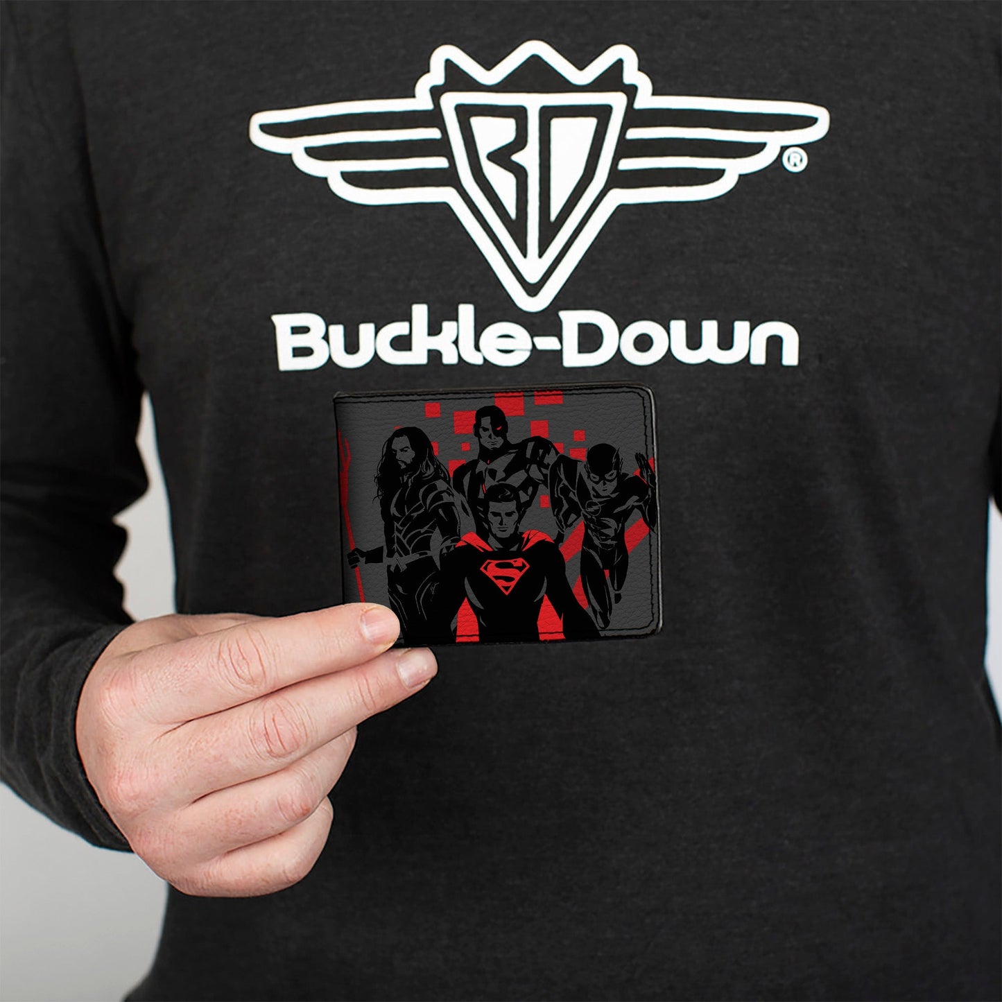 Bi-Fold Wallet - Justice League 2017 4-Superhero Group + Batman Pose Gray Black Red