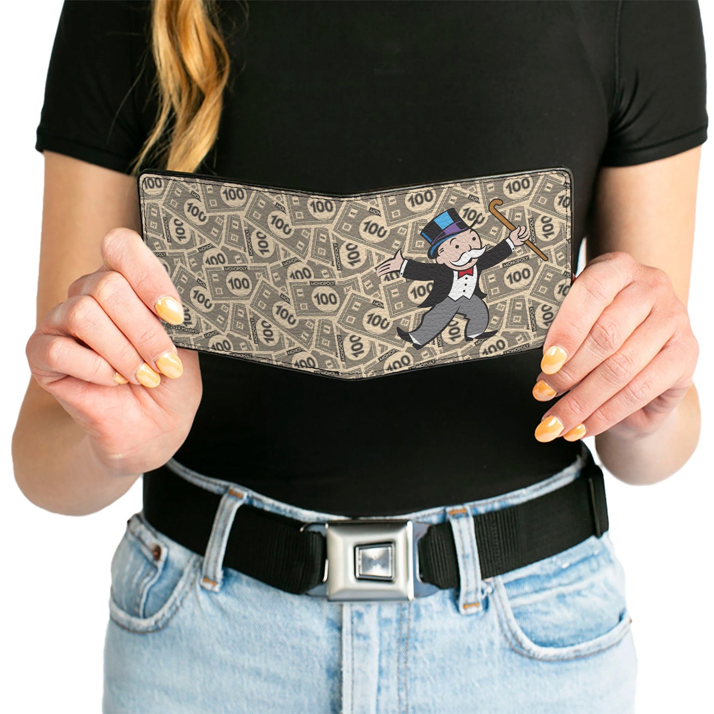 Bi-Fold Wallet - Mr. Monopoly Rich Uncle Pennybags Pose 100 Money Bills Stacked