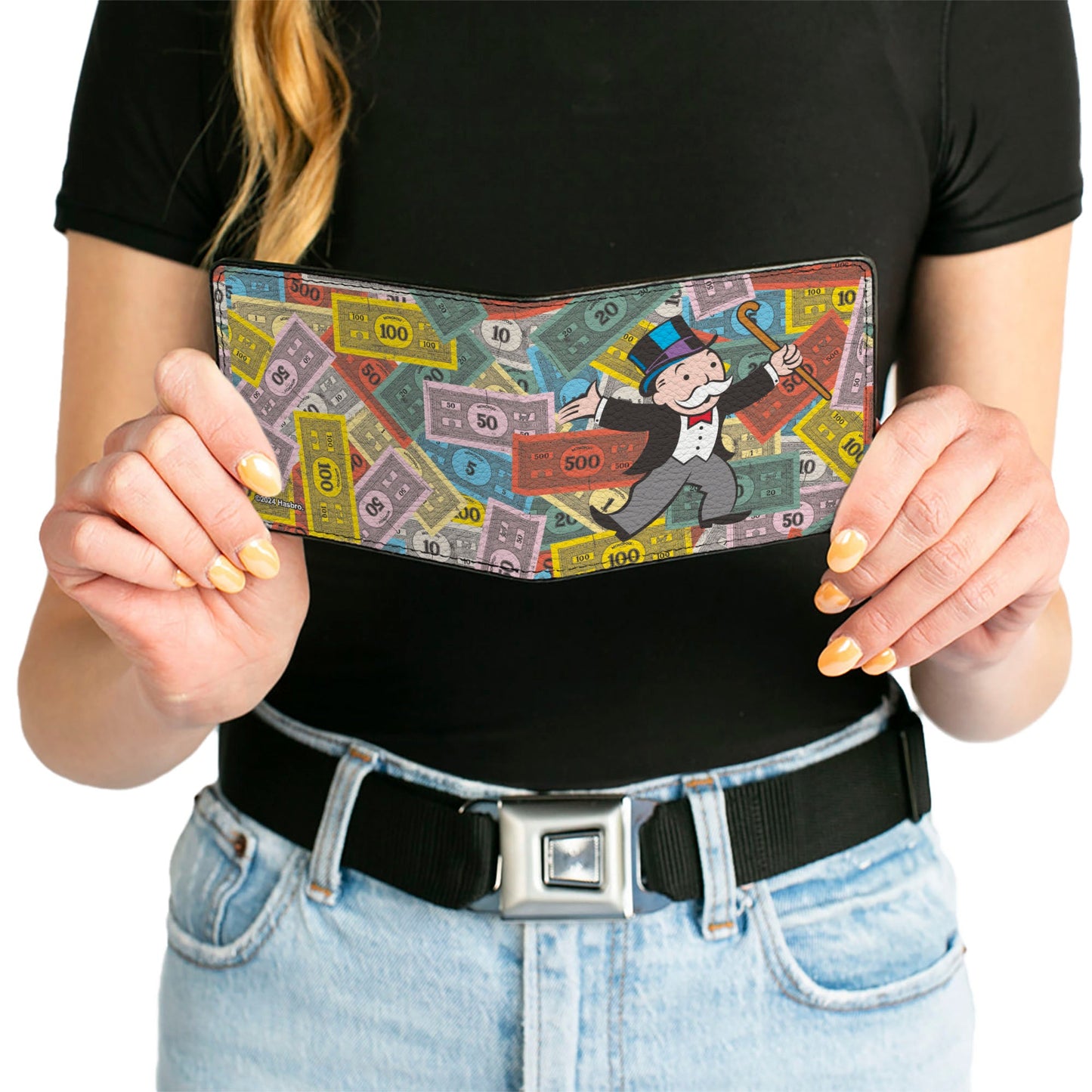Bi-Fold Wallet - Mr. Monopoly Rich Uncle Pennybags Pose Stacked Money Multi Color