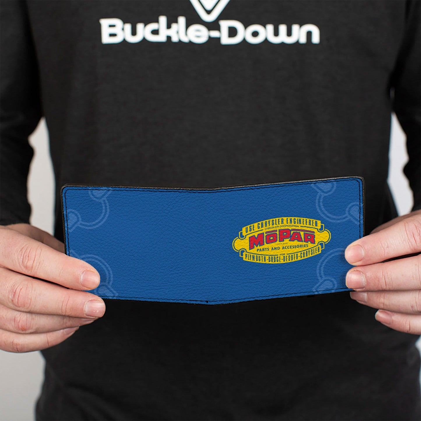 Bi-Fold Wallet - MOPAR 1937-1947 Logo-USE CHRYSLER ENGINEERED MOPAR PARTS AND ACCESSORIES Blue Yellow Red