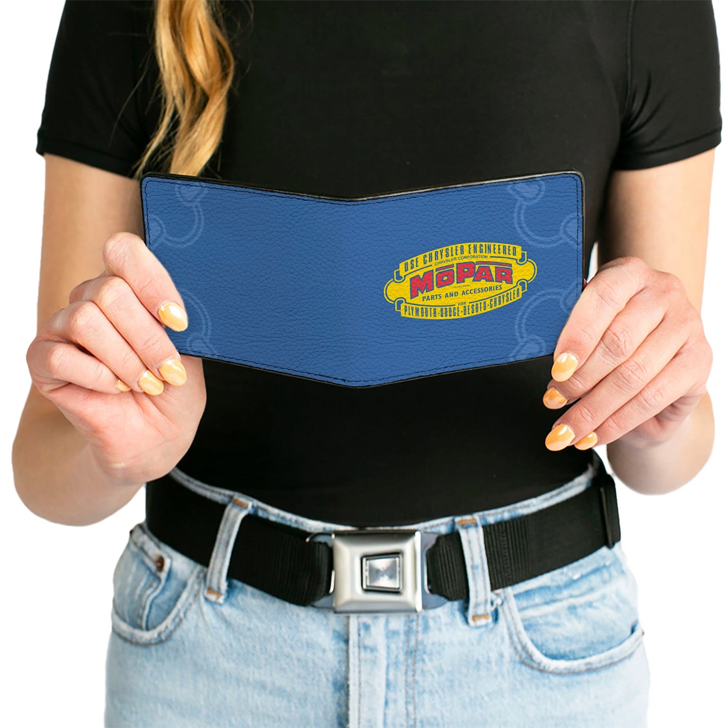 Bi-Fold Wallet - MOPAR 1937-1947 Logo-USE CHRYSLER ENGINEERED MOPAR PARTS AND ACCESSORIES Blue Yellow Red