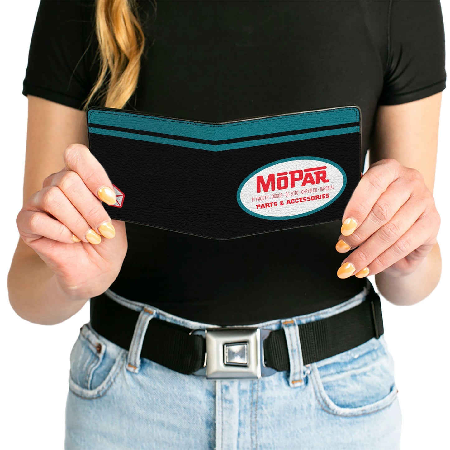 Bi-Fold Wallet - MOPAR 1954-1958 Logo + Chrysler Logo Top Stripe Black Blue Red White