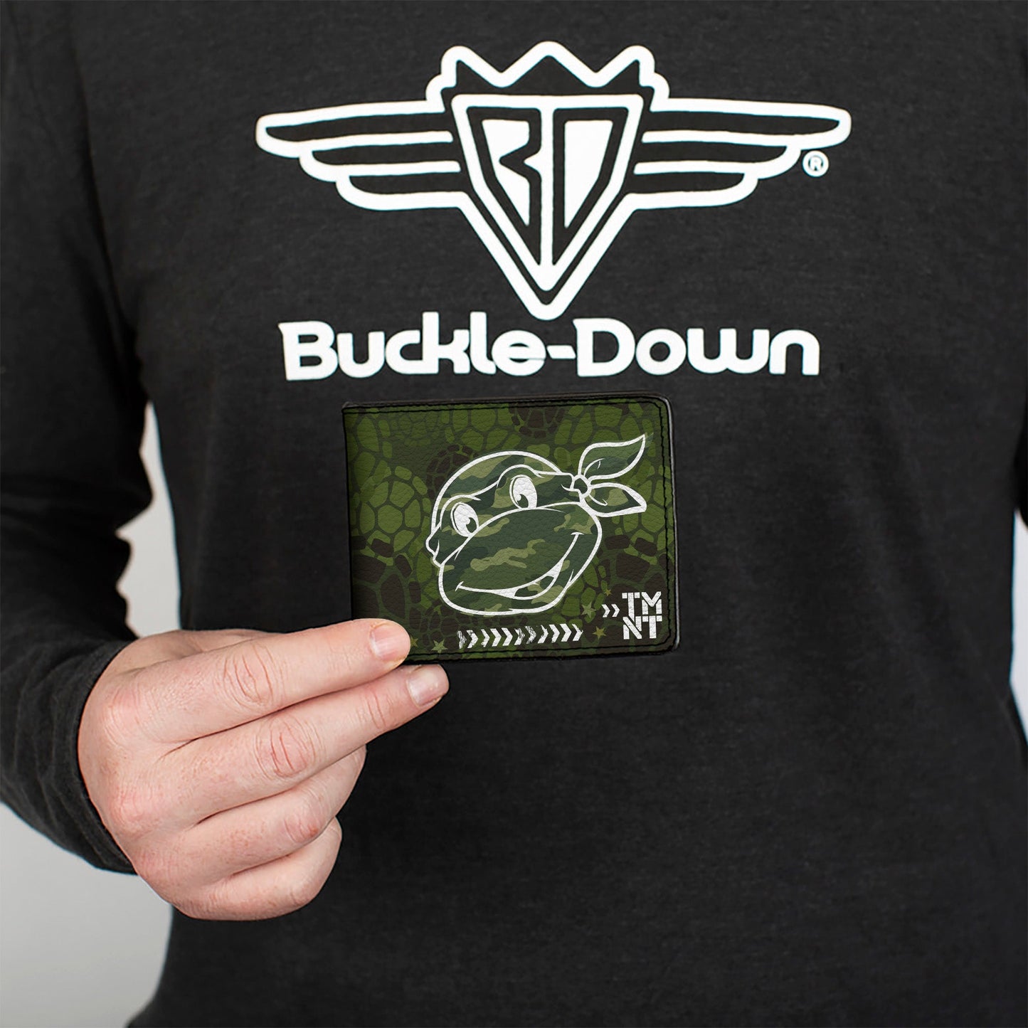 Bi-Fold Wallet - Classic Turtle Face CLOSE-UP Outline TMNT Turtle Shell Camo Olive White