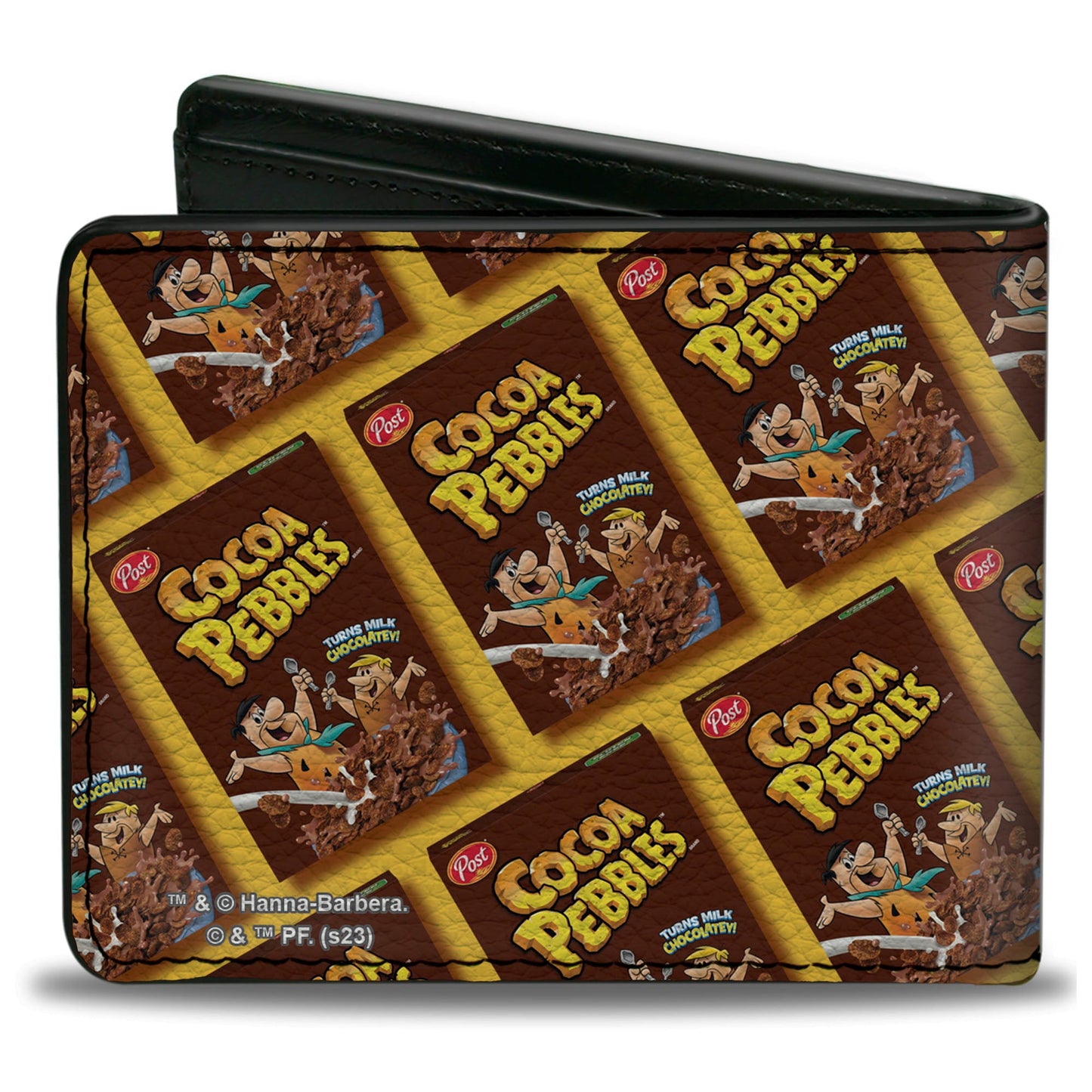 Bi-Fold Wallet - COCOA PEBBLES Fred Flintstone and Barney Rubble Cereal Box Repeat Yellow/Brown