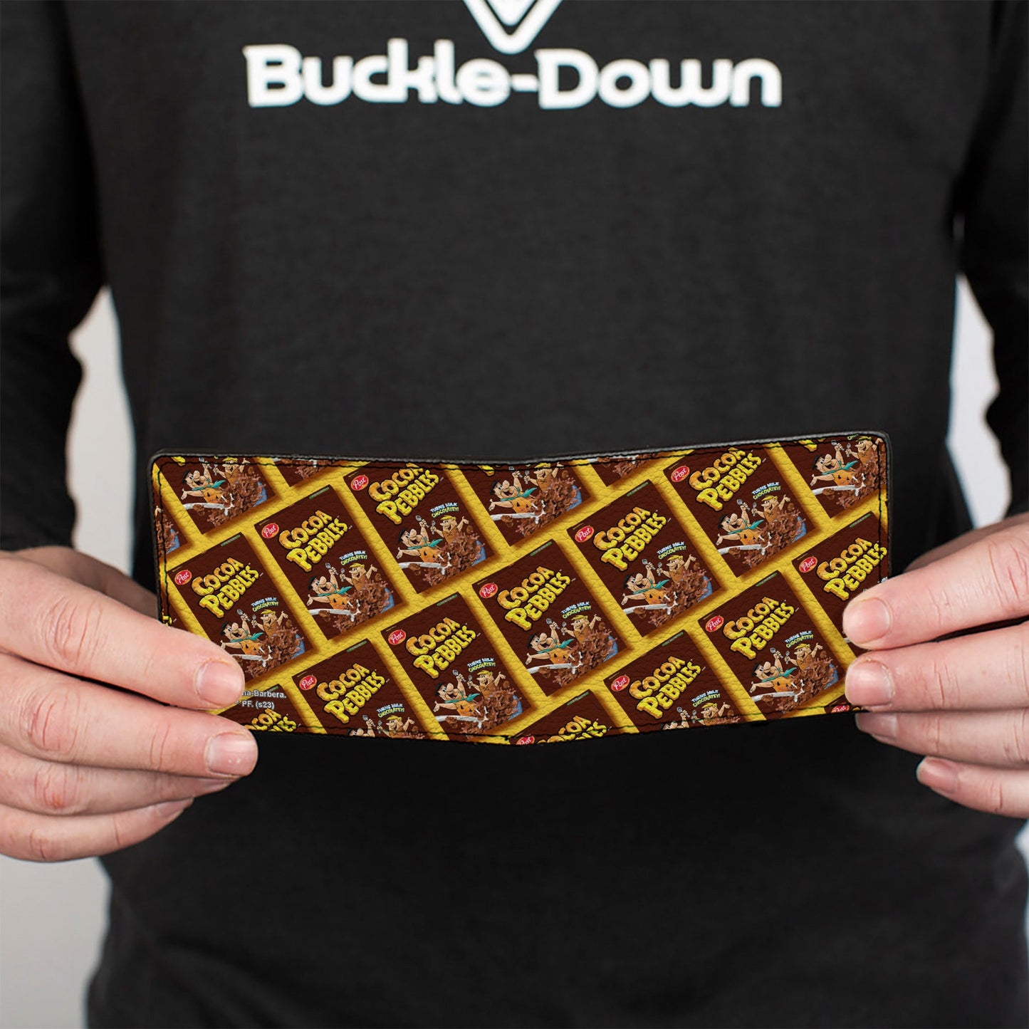 Bi-Fold Wallet - COCOA PEBBLES Fred Flintstone and Barney Rubble Cereal Box Repeat Yellow/Brown