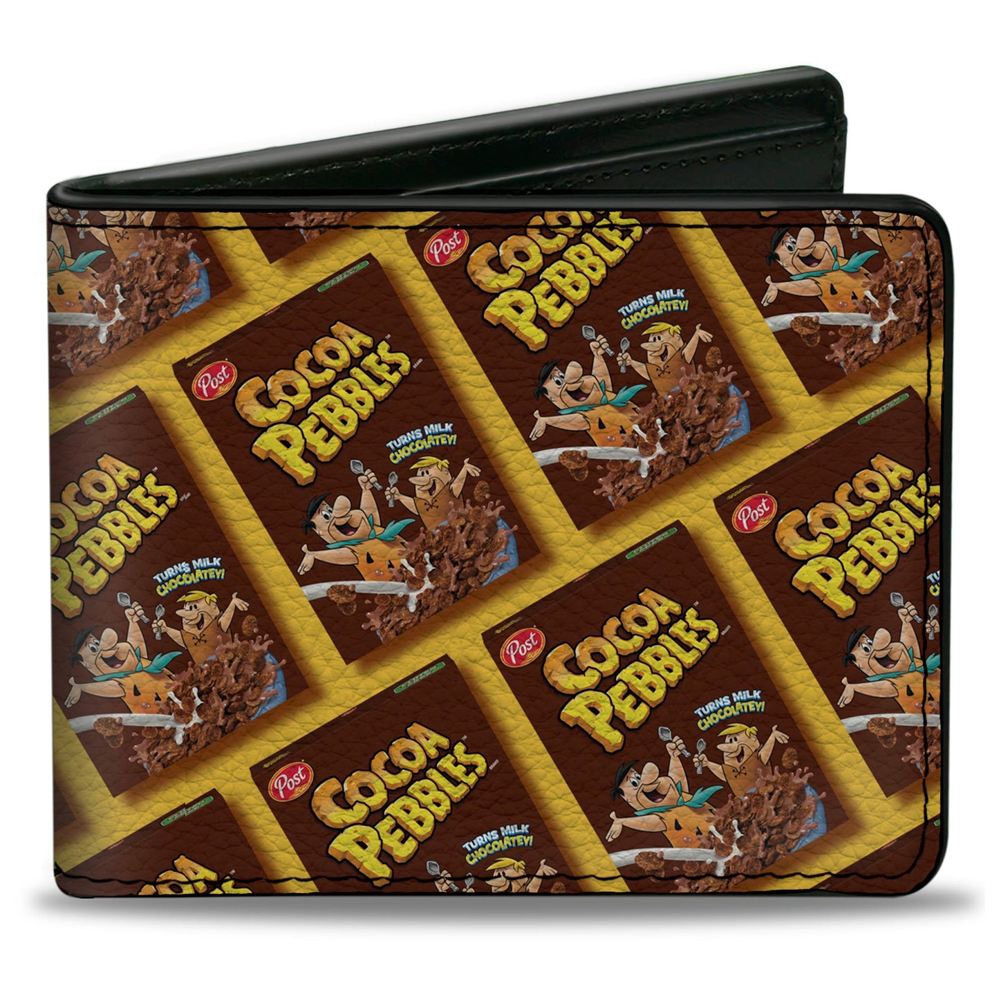 Bi-Fold Wallet - COCOA PEBBLES Fred Flintstone and Barney Rubble Cereal Box Repeat Yellow/Brown
