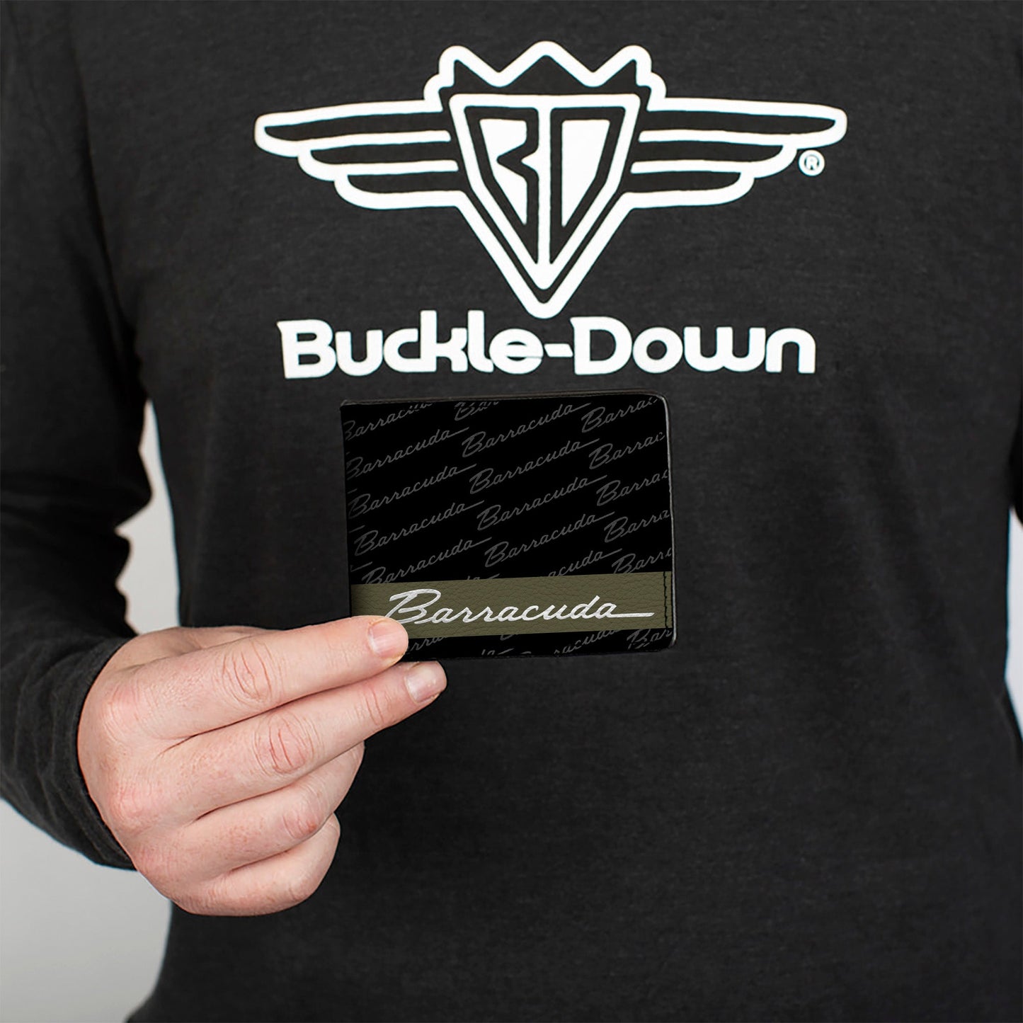Bi-Fold Wallet - BARRACUDA Script Stripe Monogram Black Gray Olive Silver