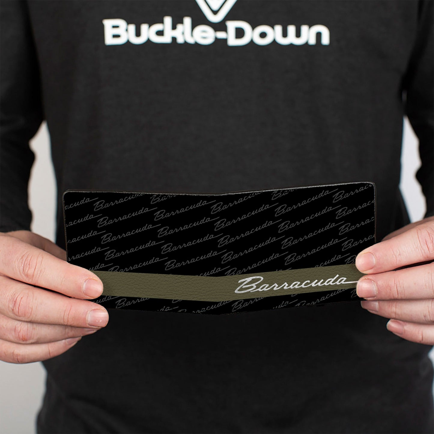 Bi-Fold Wallet - BARRACUDA Script Stripe Monogram Black Gray Olive Silver