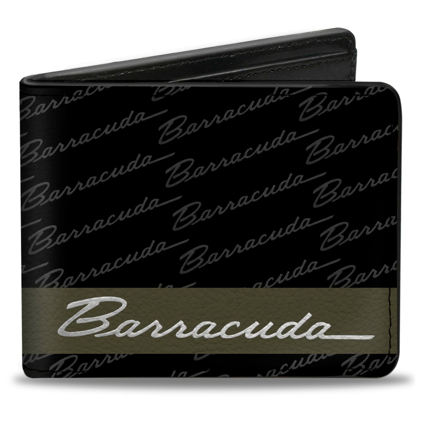 Bi-Fold Wallet - BARRACUDA Script Stripe Monogram Black Gray Olive Silver