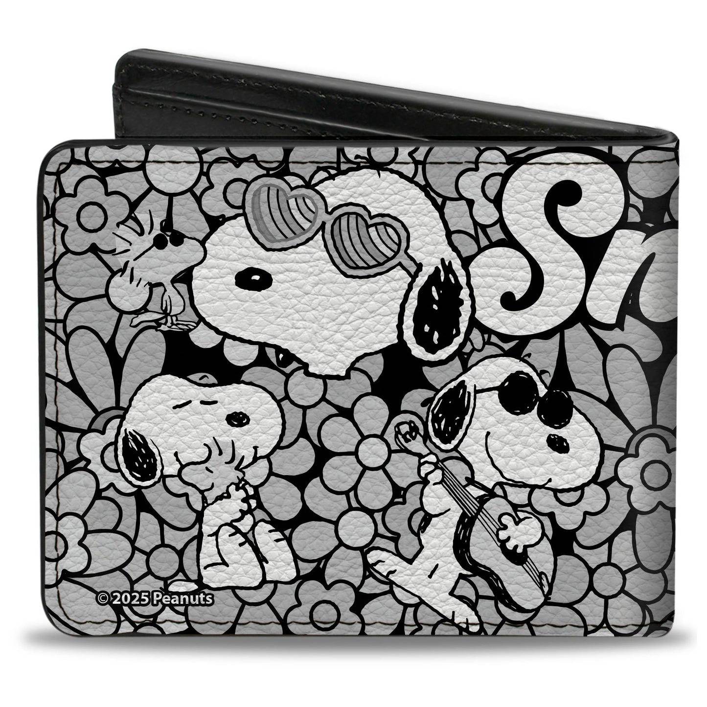 Bi-Fold Wallet - Snoopy Poses and Daisy Flowers Collage Black/Grays/White
