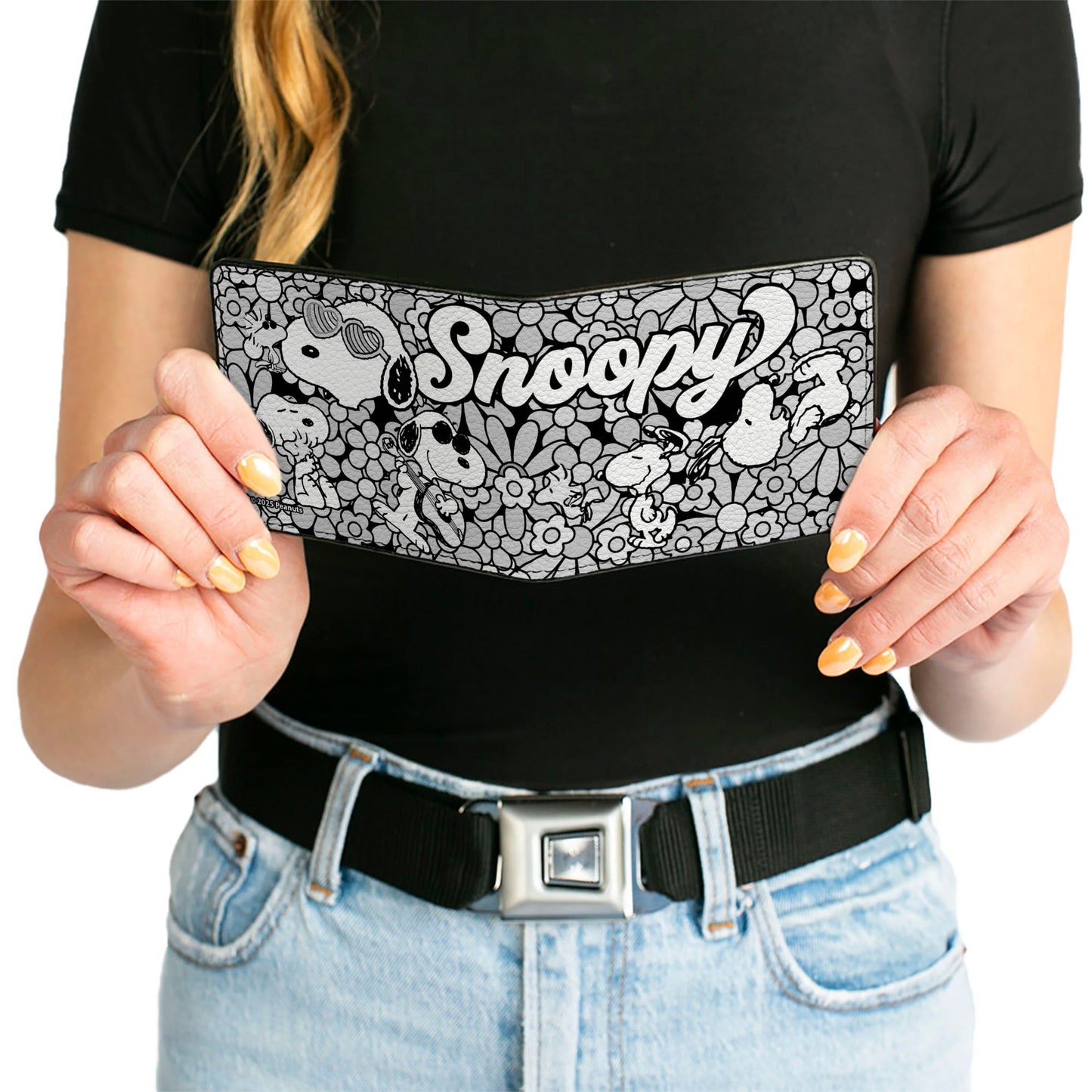 Bi-Fold Wallet - Snoopy Poses and Daisy Flowers Collage Black/Grays/White