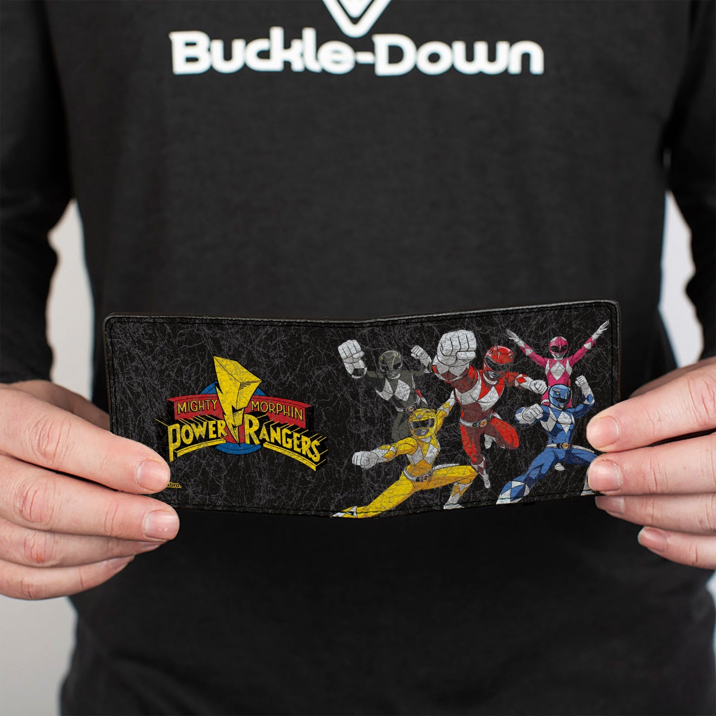 Bi-Fold Wallet - MMPR Power Rangers Group Action Pose Weathered and Title Logo Black