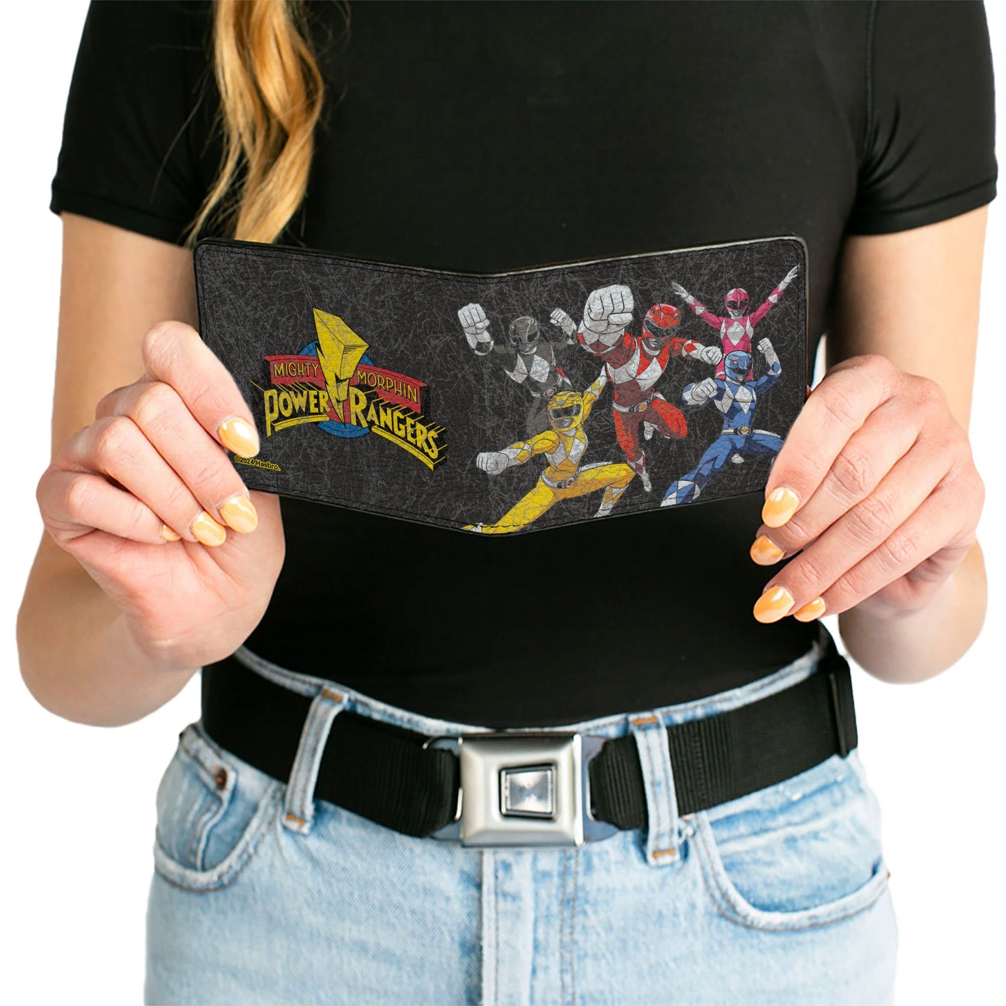 Bi-Fold Wallet - MMPR Power Rangers Group Action Pose Weathered and Title Logo Black